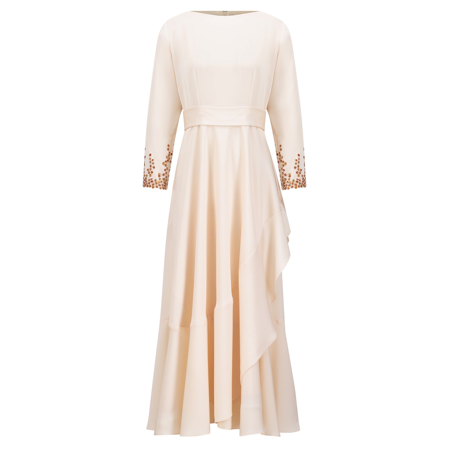 Azzalia Women's White Long Sleeves Crepe Dress With Sequin And Fitted Sleeves With Frilled Hemline In Ivory In White