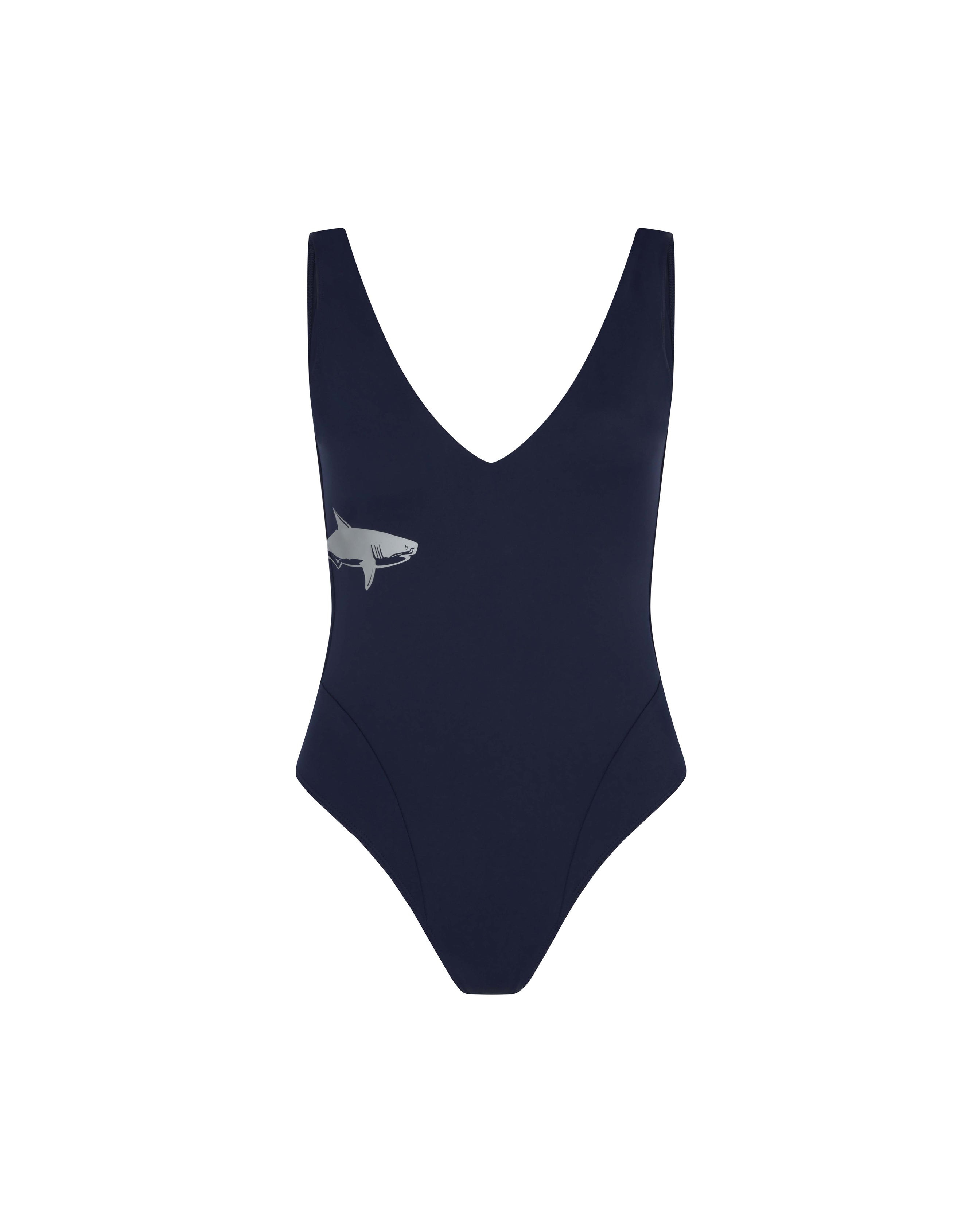Let's Swim Women's Blue Navy Shark Print Plunge Swimsuit In Blue