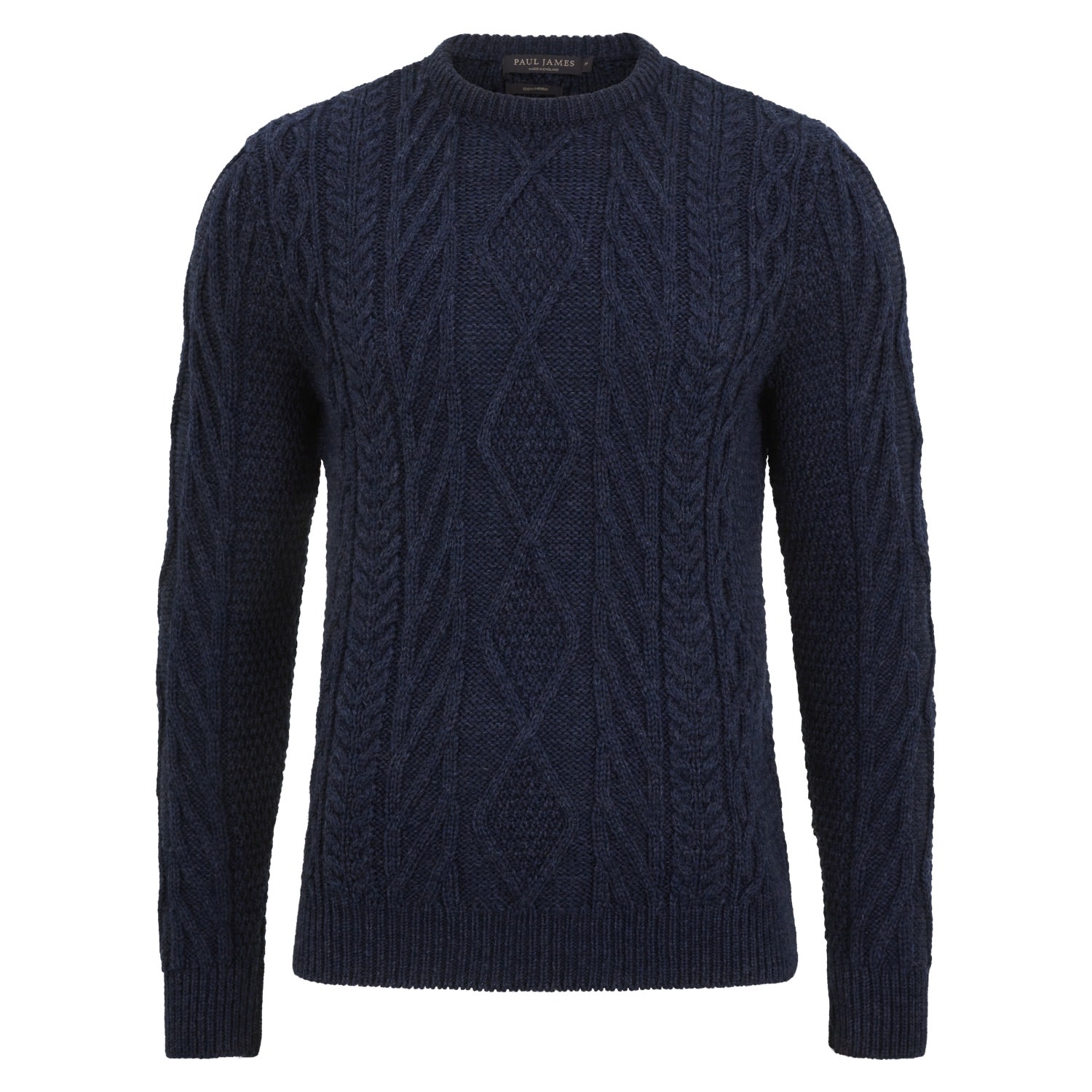 Paul James Knitwear Blue Mens Chunky Merino Wool Cameron Cable Jumper - Navy Melange In Blue
