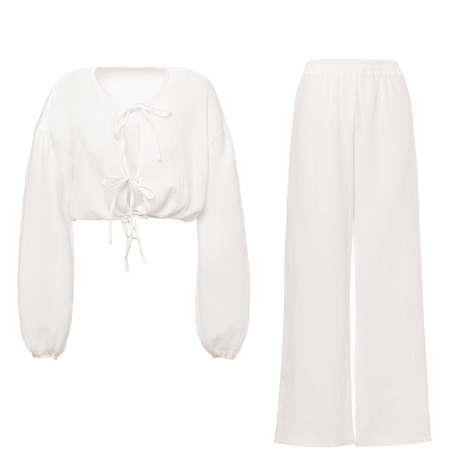 Bluzat White Matching Set With Blouse With Bows And Pants In White