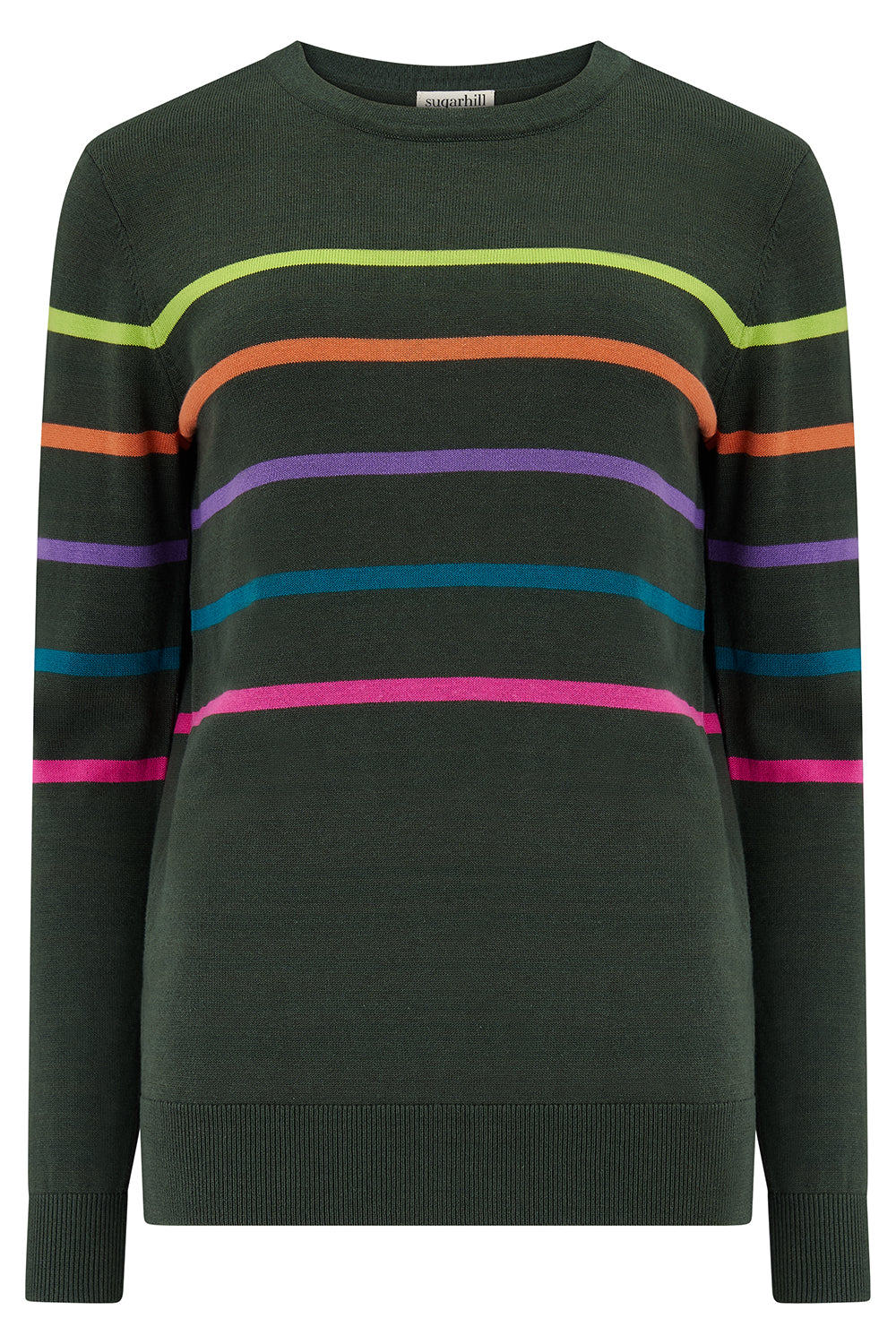 Sugarhill Brighton Women's Green Rita Sweater Khaki Rainbow Stripe