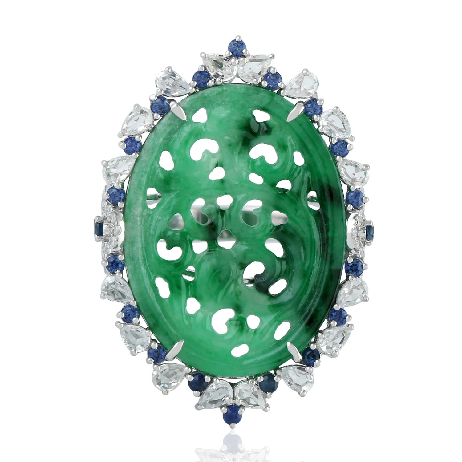 Artisan Women's Blue / White / Green Jade & Blue Sapphire With Diamond In 18k White Gold Ring In Green