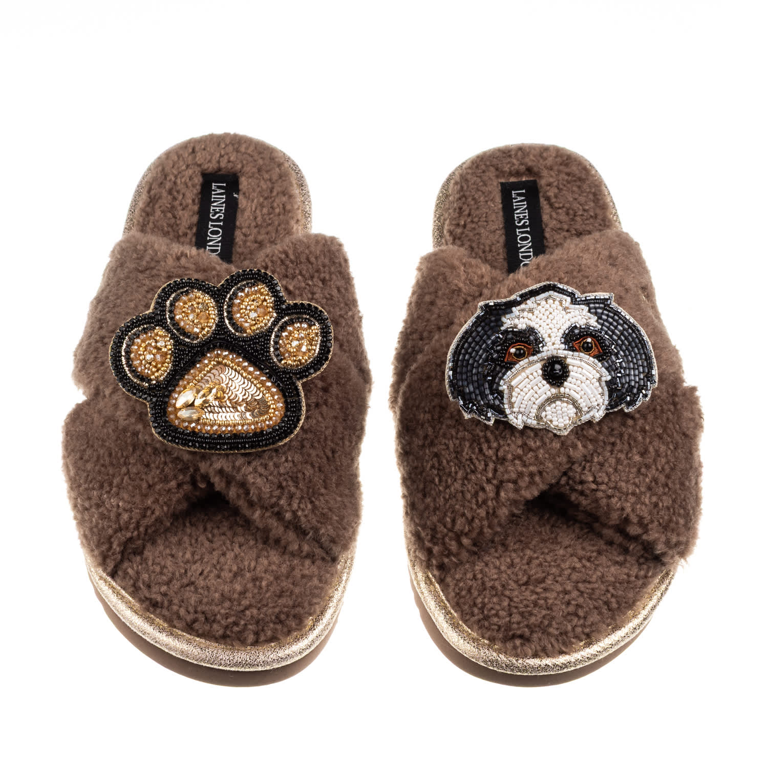 Laines London Women's Brown / Neutrals Boucle Slippers With Paw & Black & White Shih Tzu Brooches - Mink In Brown