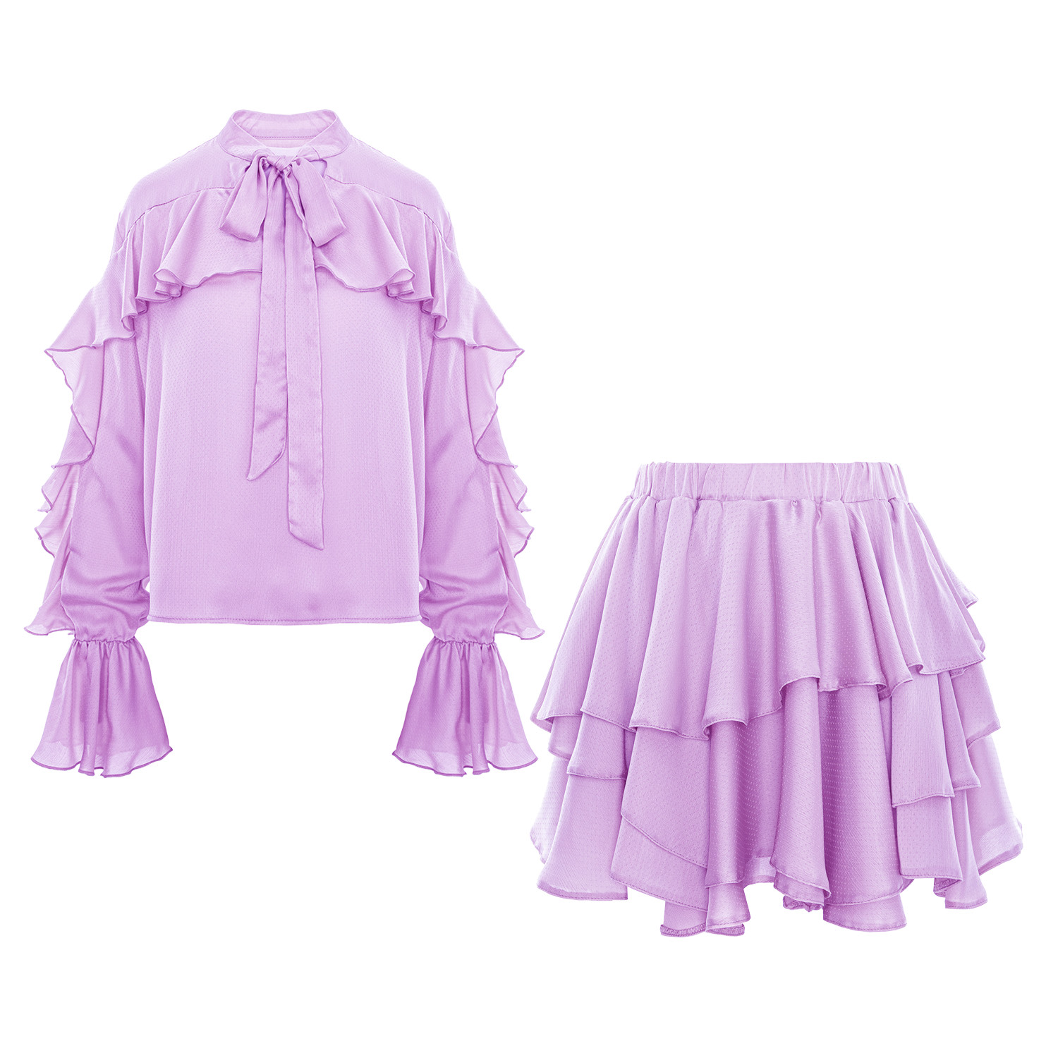 Bluzat Pink Set With V Neck Shirt & Ruffle Skirt In Pink