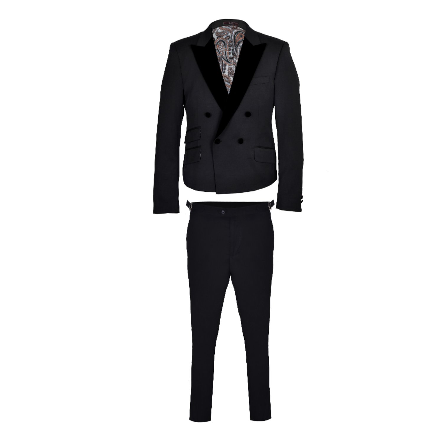 Men’s David Wej Signature Cropped Double Breasted Velvet Peak Lapel Tuxedo - Black S