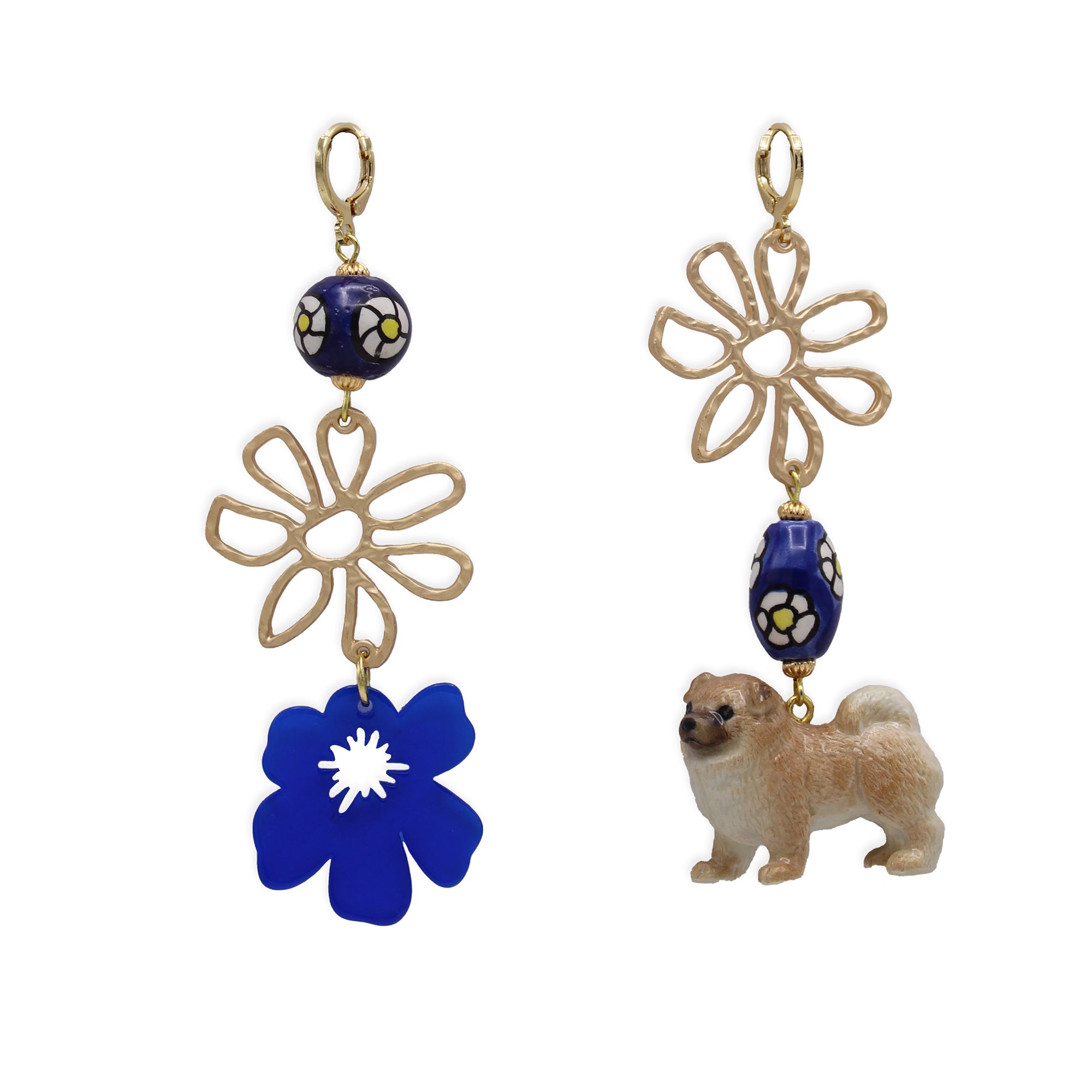 Midnight Foxes Studio Women's Gold / Blue Chow Chow Dog & Flower Gold Earrings In Gray