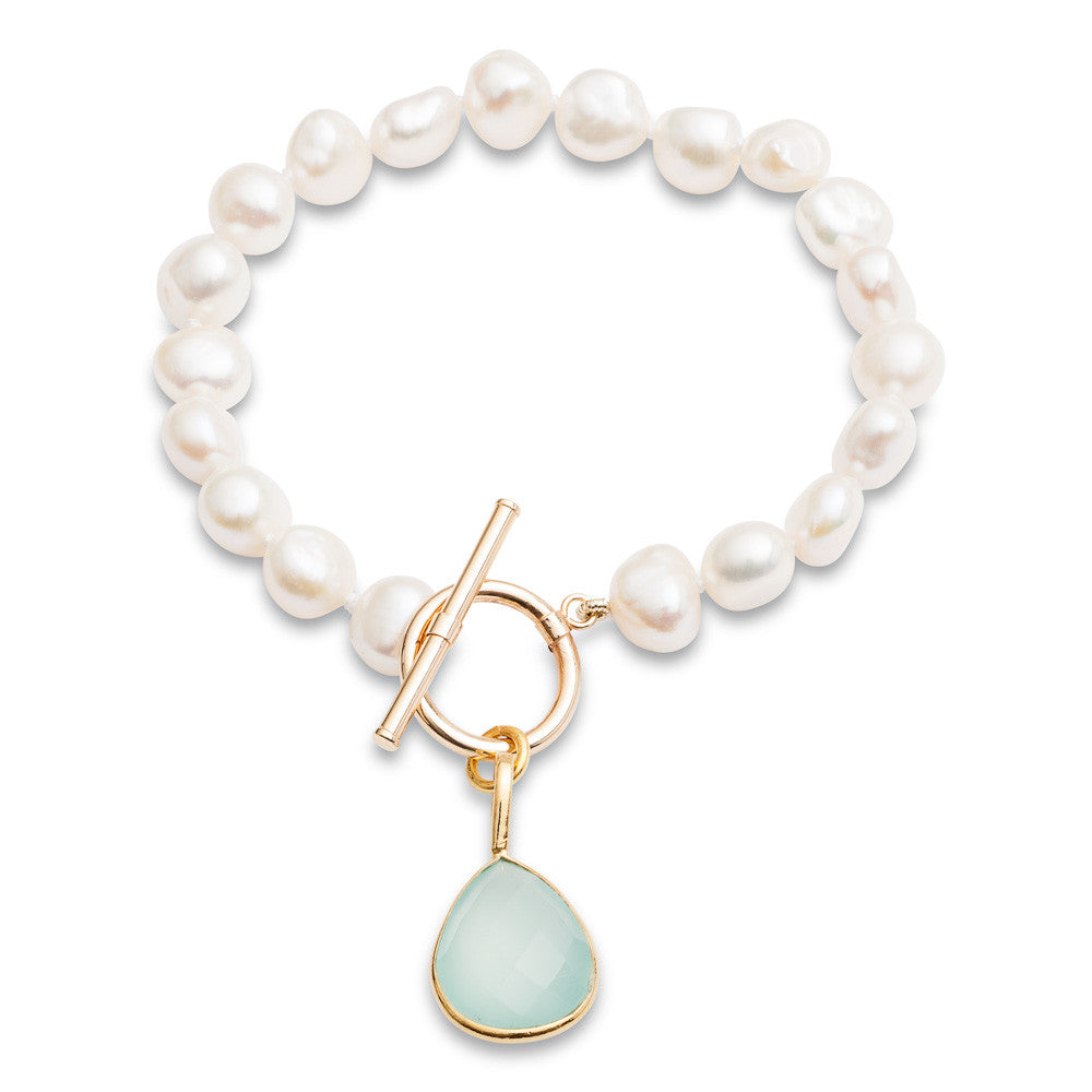 Women’s Blue / White Clara White Irregular Cultured Freshwater Pearl Bracelet With An Aqua Chalcedony Drop Pendant Pearls of the Orient Online