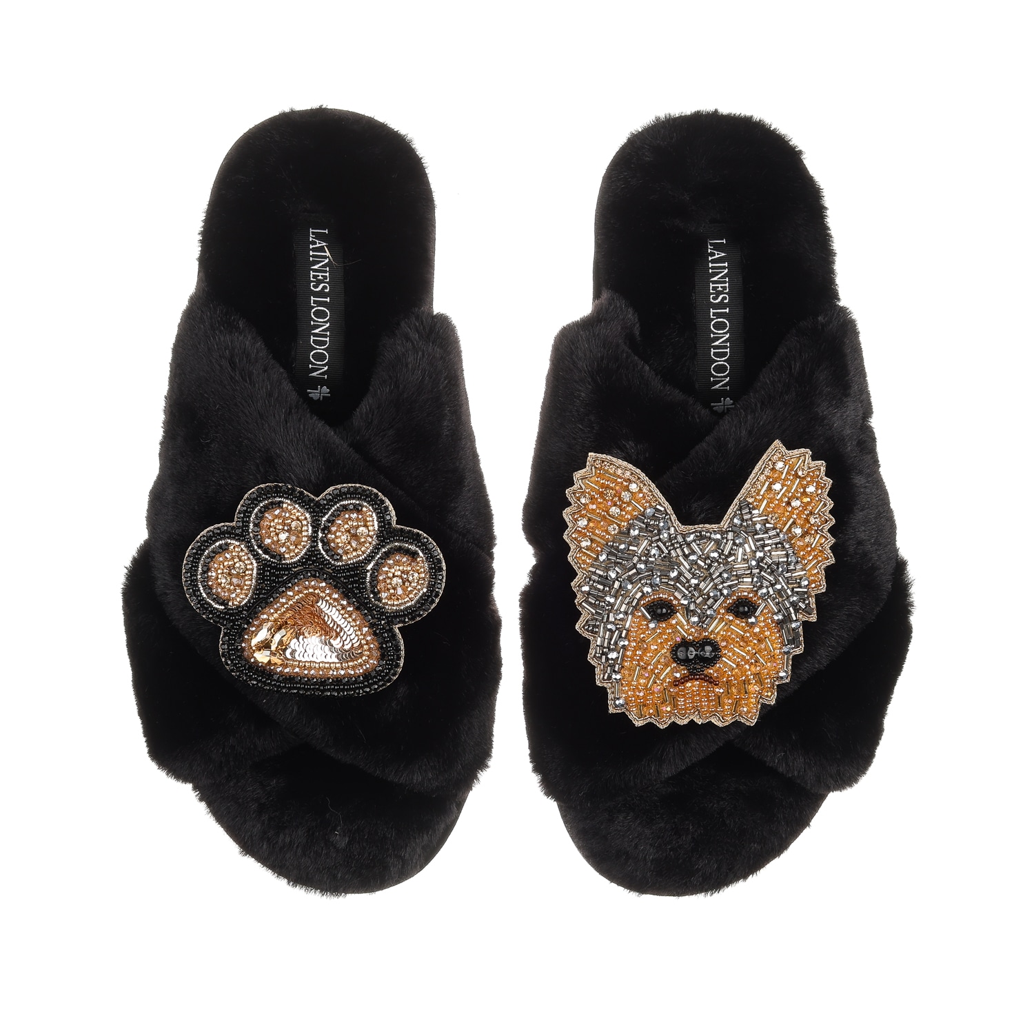 Women’s Classic Laines Slippers With Minnie Yorkie & Paw Brooches - Black Medium Laines London