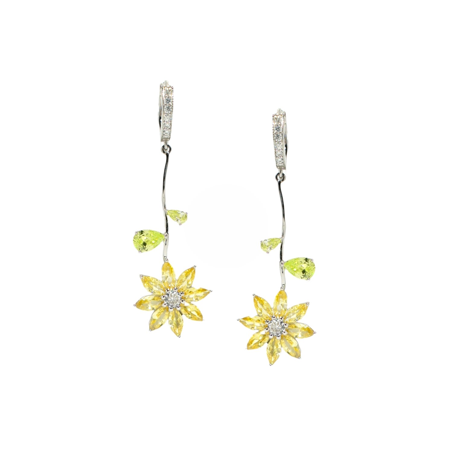 I'mmany London Women's Yellow / Orange Garden Tales Crystal Daisy Drop Sterling Silver Earrings With Crystal Paved 