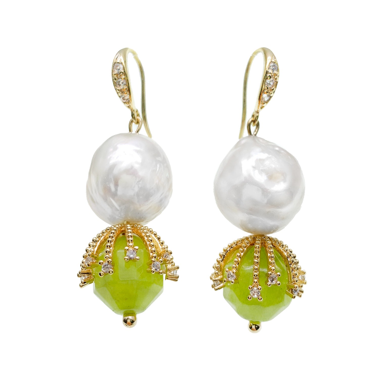 Farra Women's Green / White Irregular Freshwater Pearls With Grass Green Jade Dangle Earrings In Multi