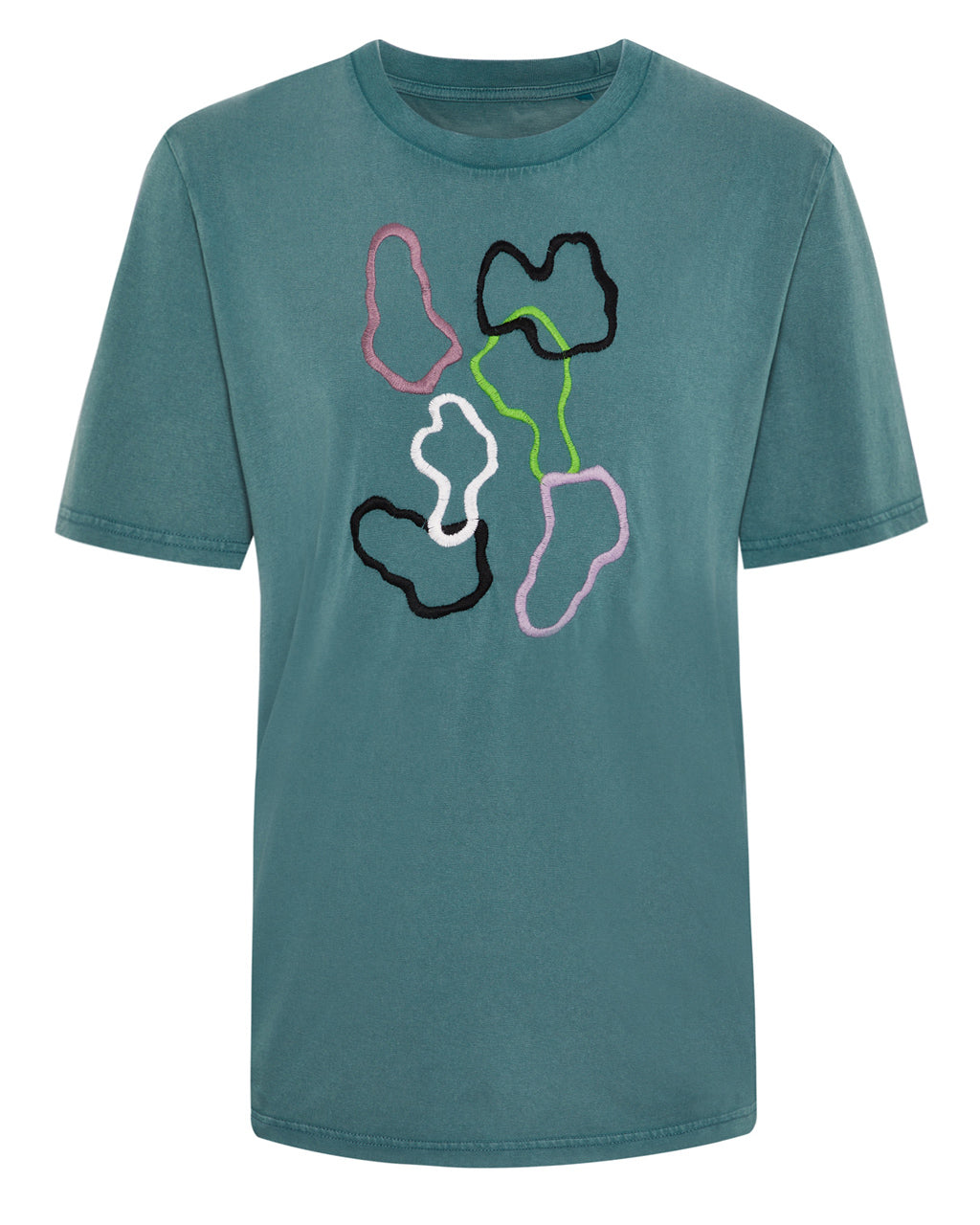 Green Abstract Embroidered Organic Cotton T-Shirt Teal Women Extra Large Ingmarson