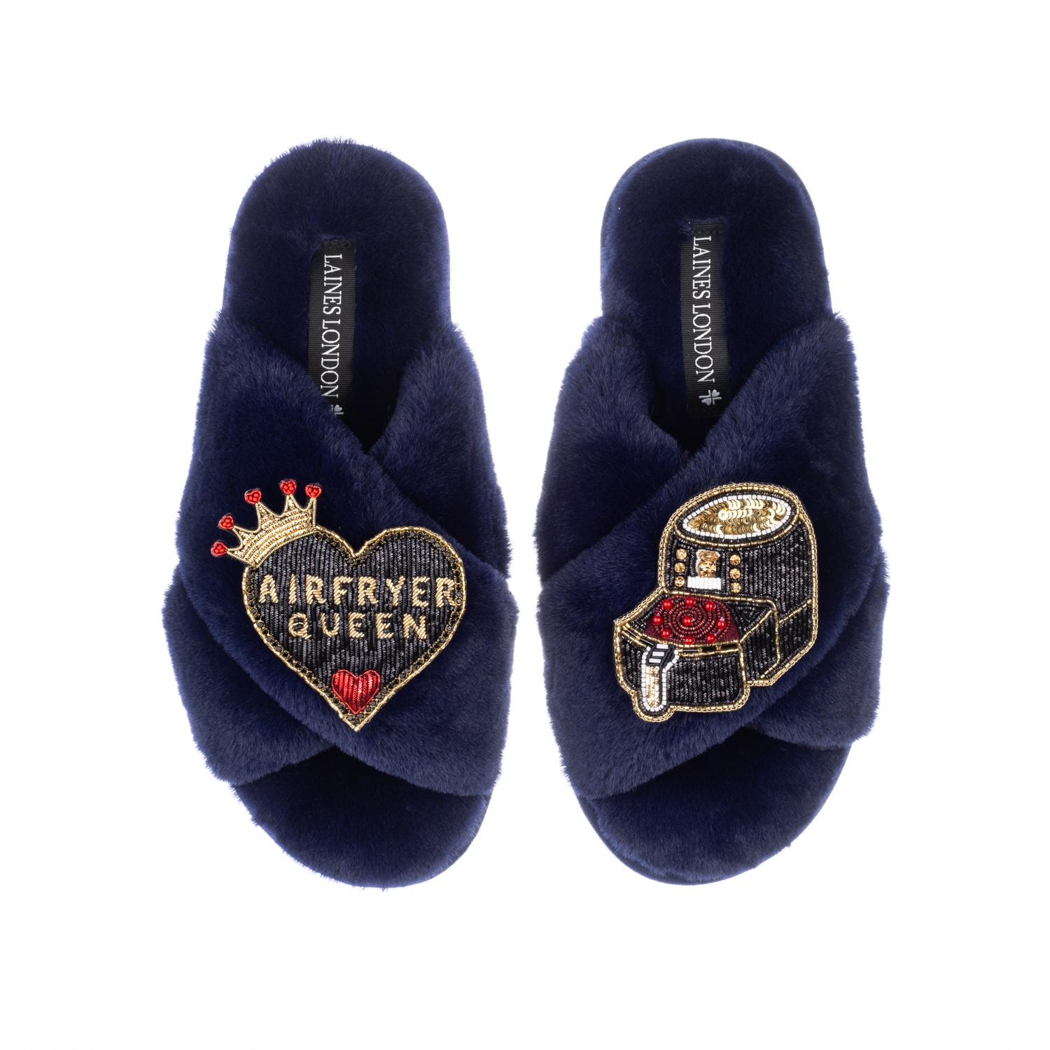 Laines London Women's Blue Classic Laines X Juliet Sears Slippers With Airfryer Queen Brooches - Navy In Blue