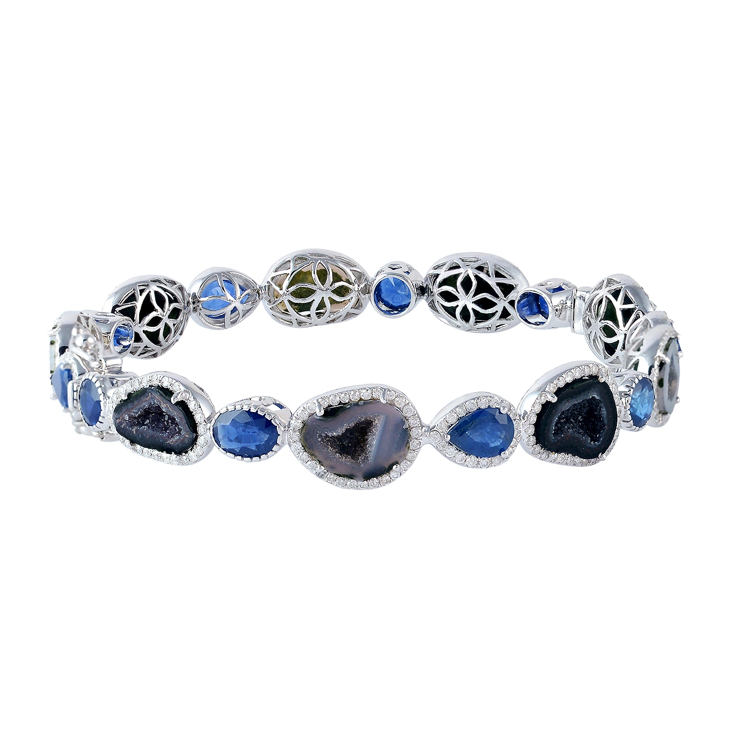 Women’s Blue / White / Black Blue Sapphire Geode & Diamond With 18K White Gold In Designer Bracelet Bangle Artisan