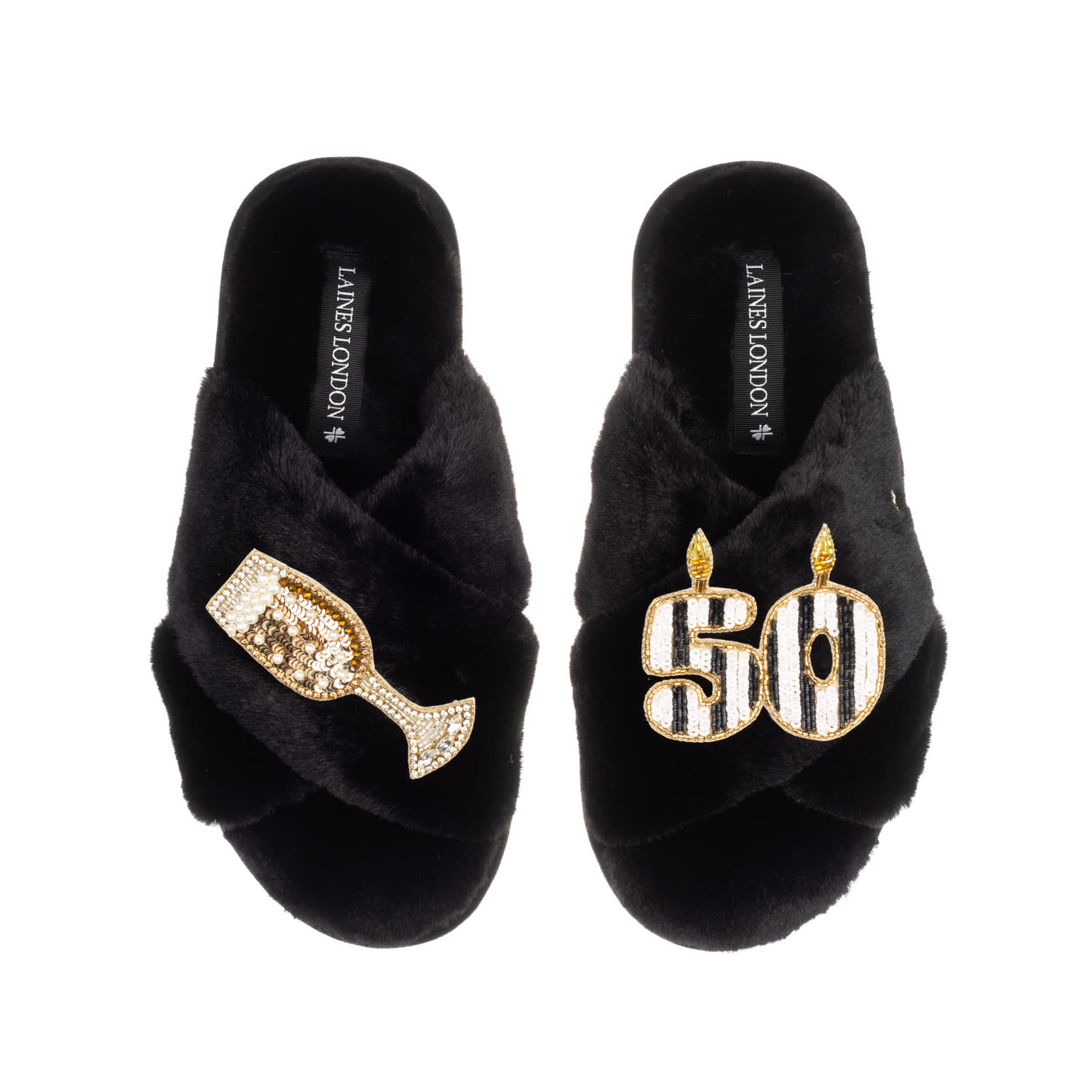 Laines London Women's Classic Laines Slippers With Stripe 50th Birthday & Glass Of Champagne Brooches - Black In Black