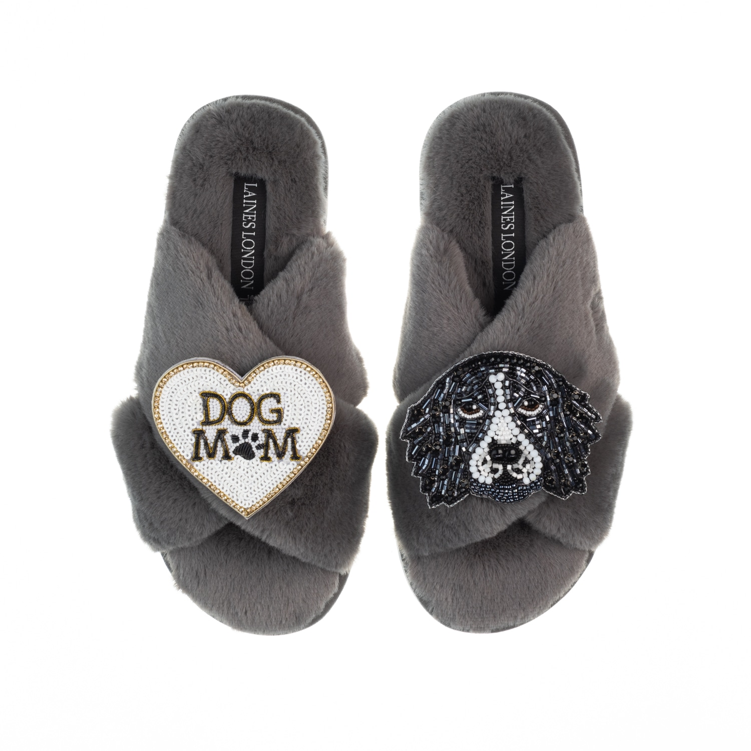 Women’s Classic Laines Slippers With Bentley The Spaniel & Dog Mum / Mom Brooches - Grey Large Laines London