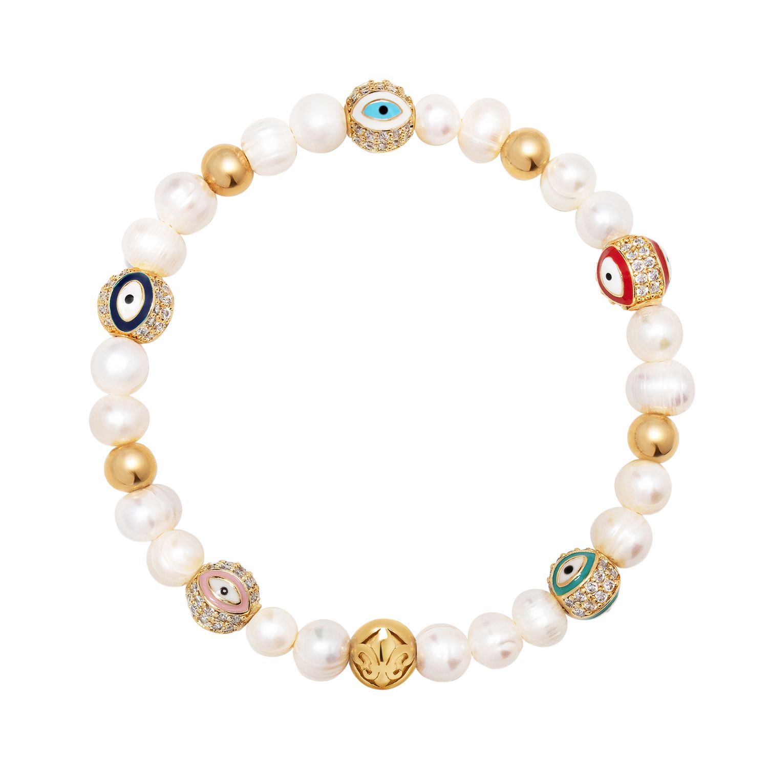 Nialaya White / Gold Men's Evil Eye Pearl Bracelet In Multi