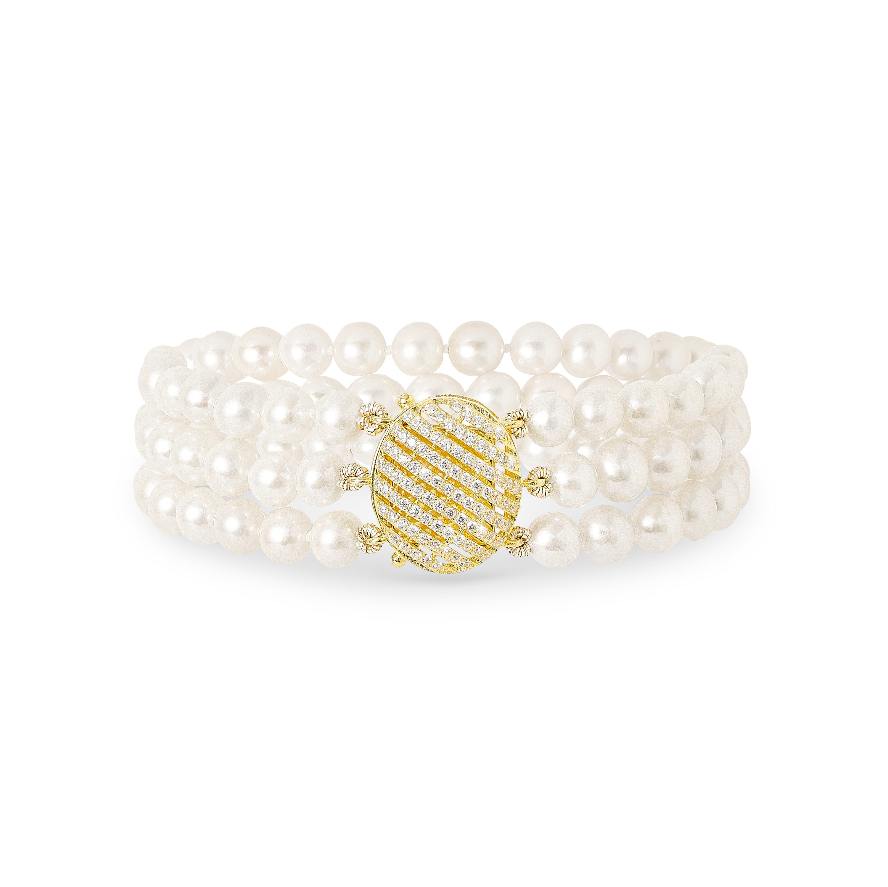 Pearls Of The Orient Online Women's Stella Triple Strand Cultured Freshwater Pearl Bracelet With Oval Art Deco Style Gold Vermei In White