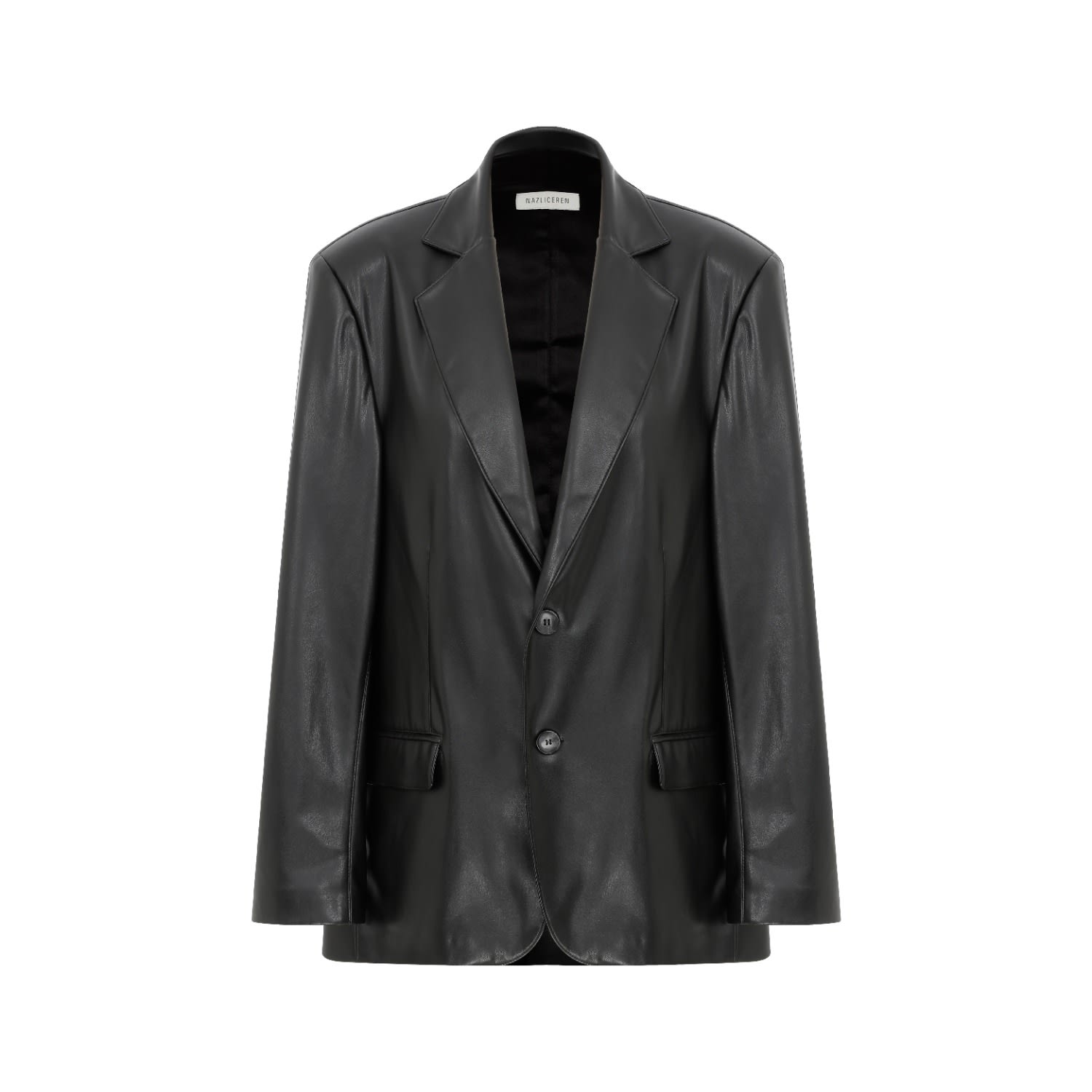 Nazli Ceren Women's Black Boxy Vegan  Leather Blazer