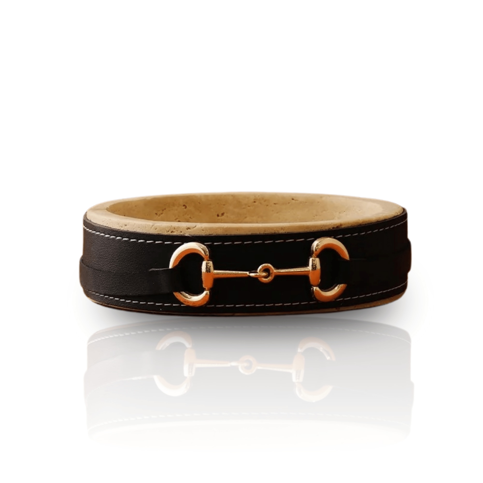 Marleth Neutrals / Black Travertine Bowl With Navy Leather Belt – Decorative Stone Accent With Gold Detail