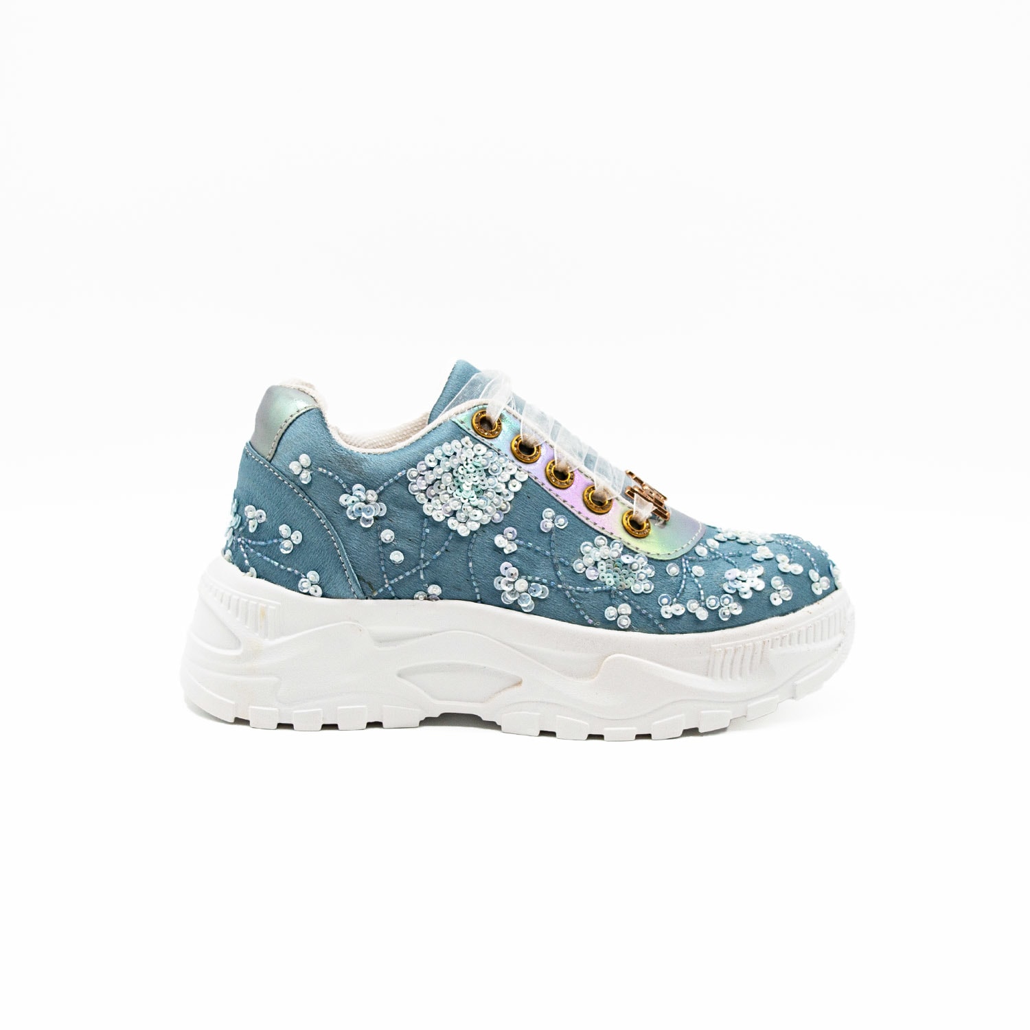 Rettrose Women's The Maeve Luxury Dusky Blue Satin Handmade Embellished Trainers In Blue