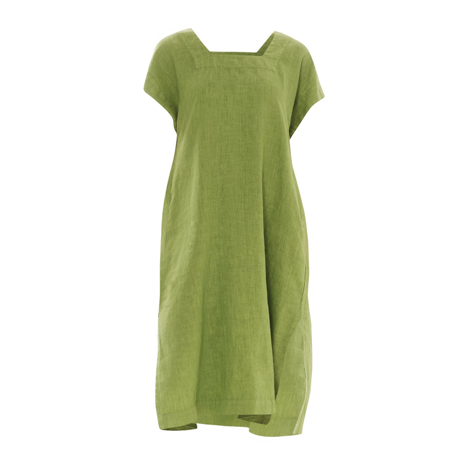 Haris Cotton Women's Green Smock Linen Dress With Split Hem - Avocado