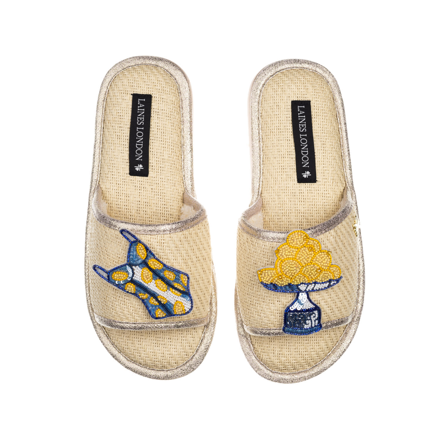 Laines London Women's White Straw Braided Sandals With Mediterranean Swimming Costume & Lemons Brooches - Cream In White