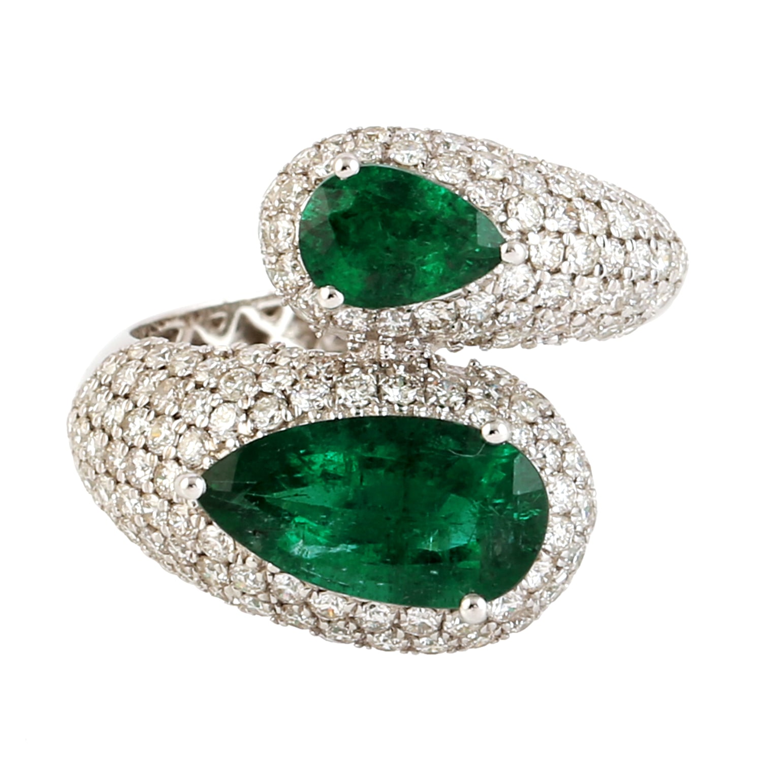 Women’s White / Green Natural Diamond Pave Emerald Green Two Pears In A Ring In 18K White Gold Bypass Ring Artisan