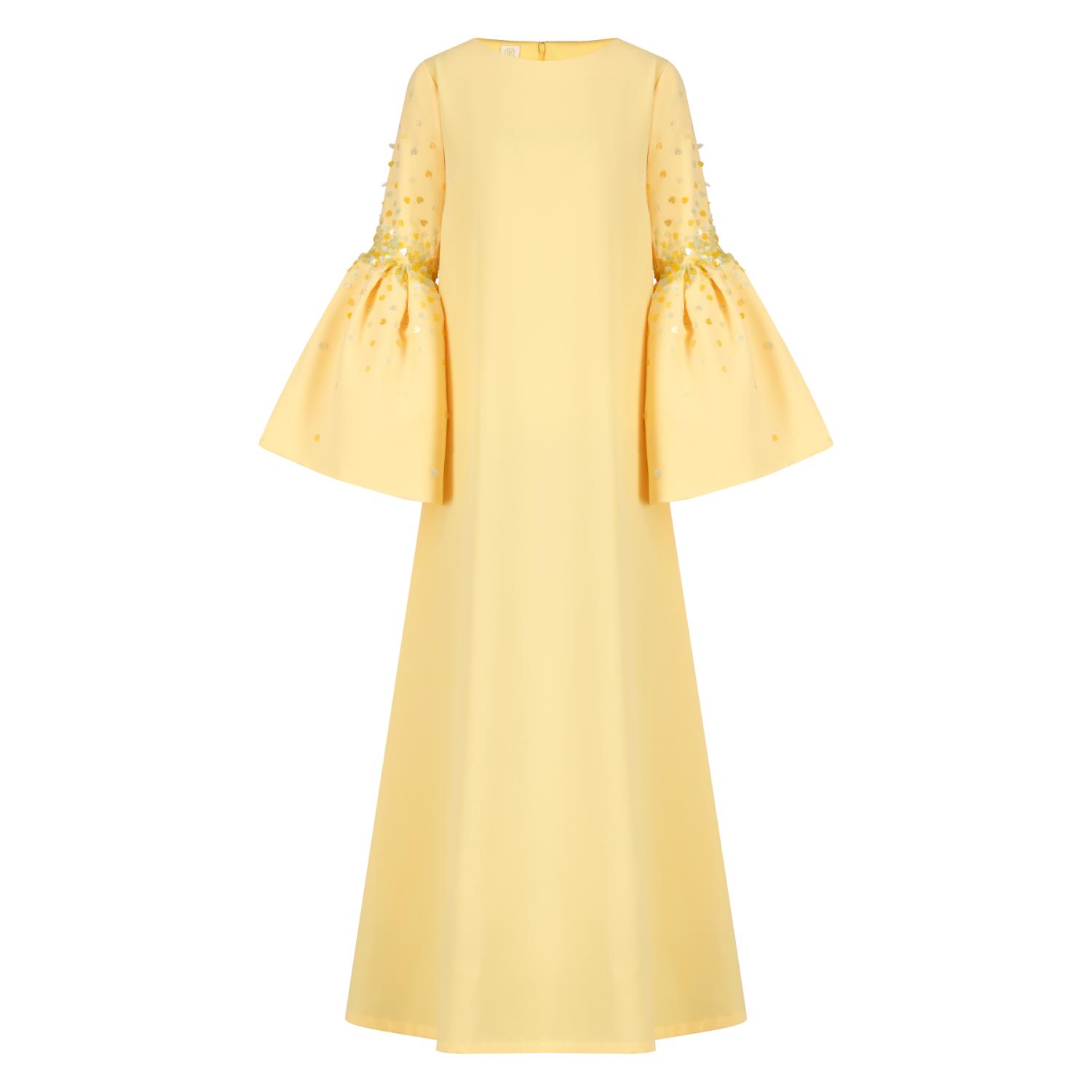 Azzalia Women's Yellow / Orange Crepe Kaftan With Puffed Sleeve And Scattered Embroidery-double Cream In Yellow/orange