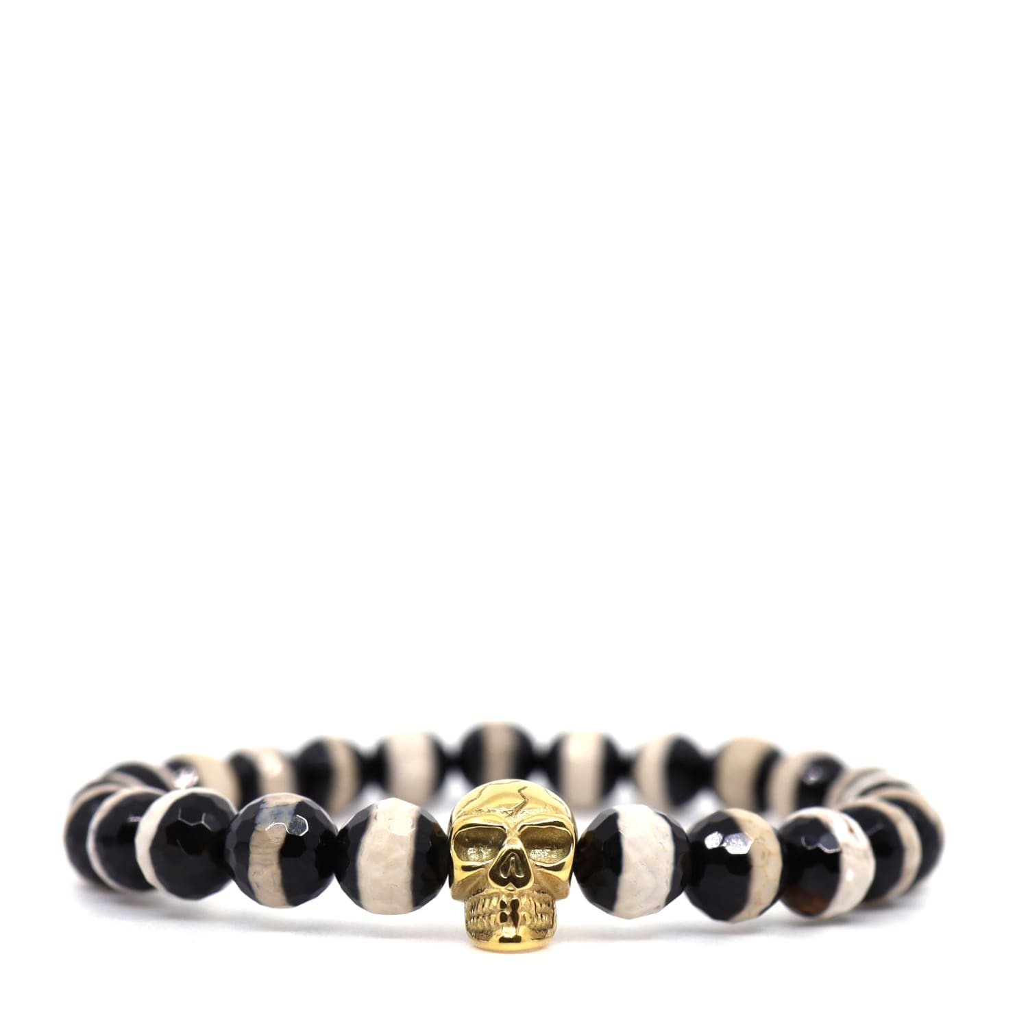 Shar Oke Men's Black / White / Gold Black & White Tibetan Agates & Gold Skull Bracelet In Multi