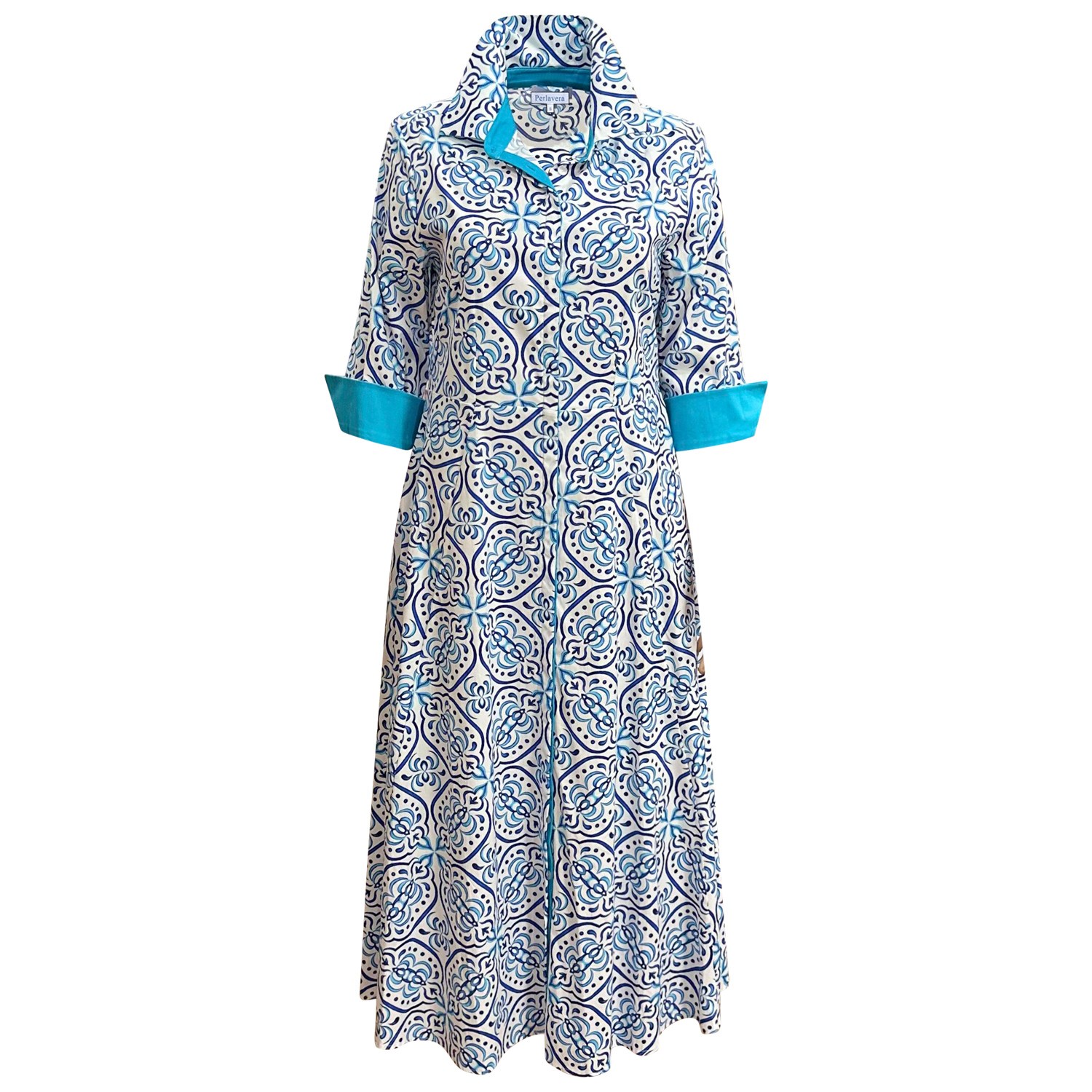 Perlavera Women's Blue / White Neila Capri Tile Printed Three Quarter Sleeve Flared Bottom Maxi Dress In Multi