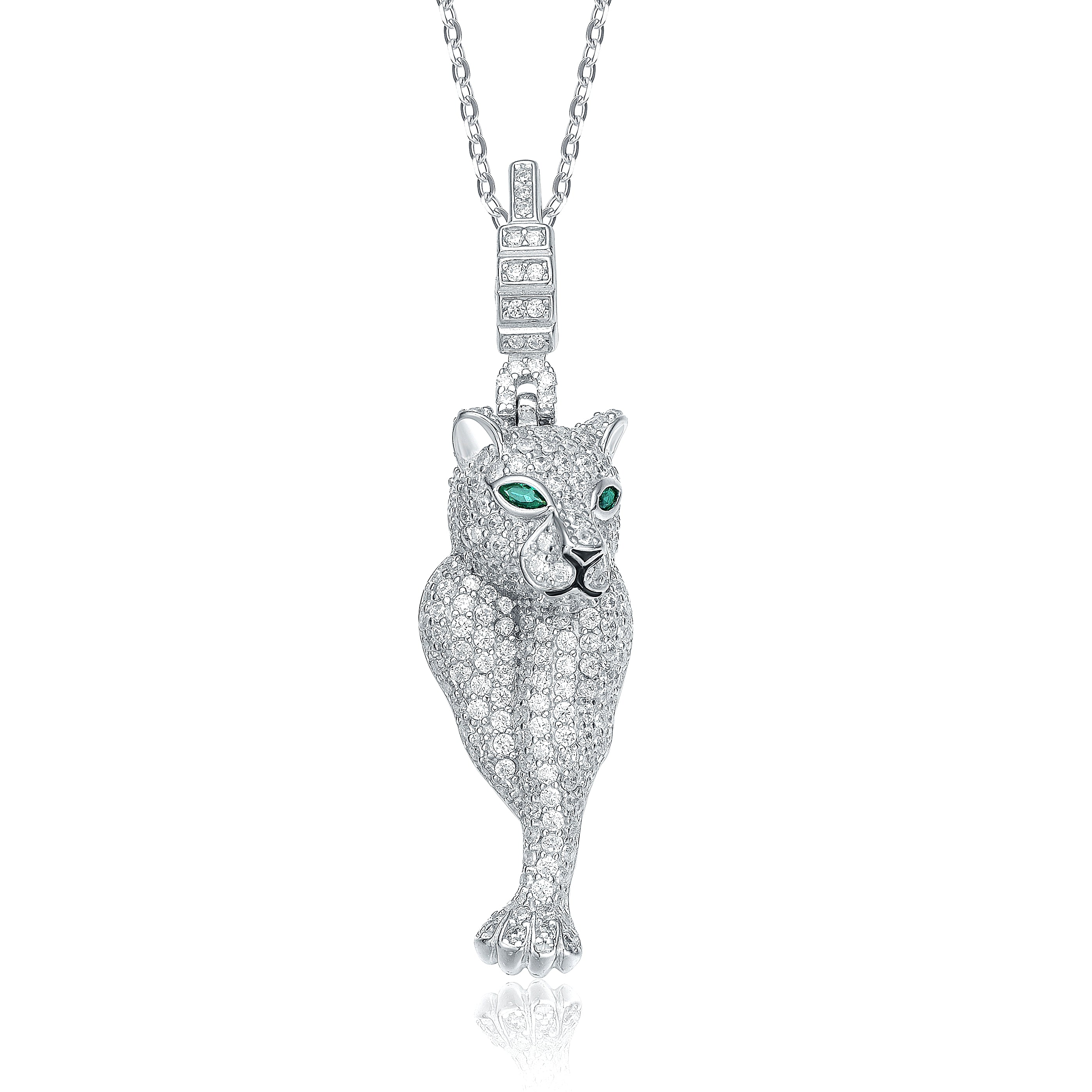 Women’s White Sterling Silver Rhodium Plated Emerald Cubic Zirconia Cheetah Spring Ring Pendant Genevive Jewelry