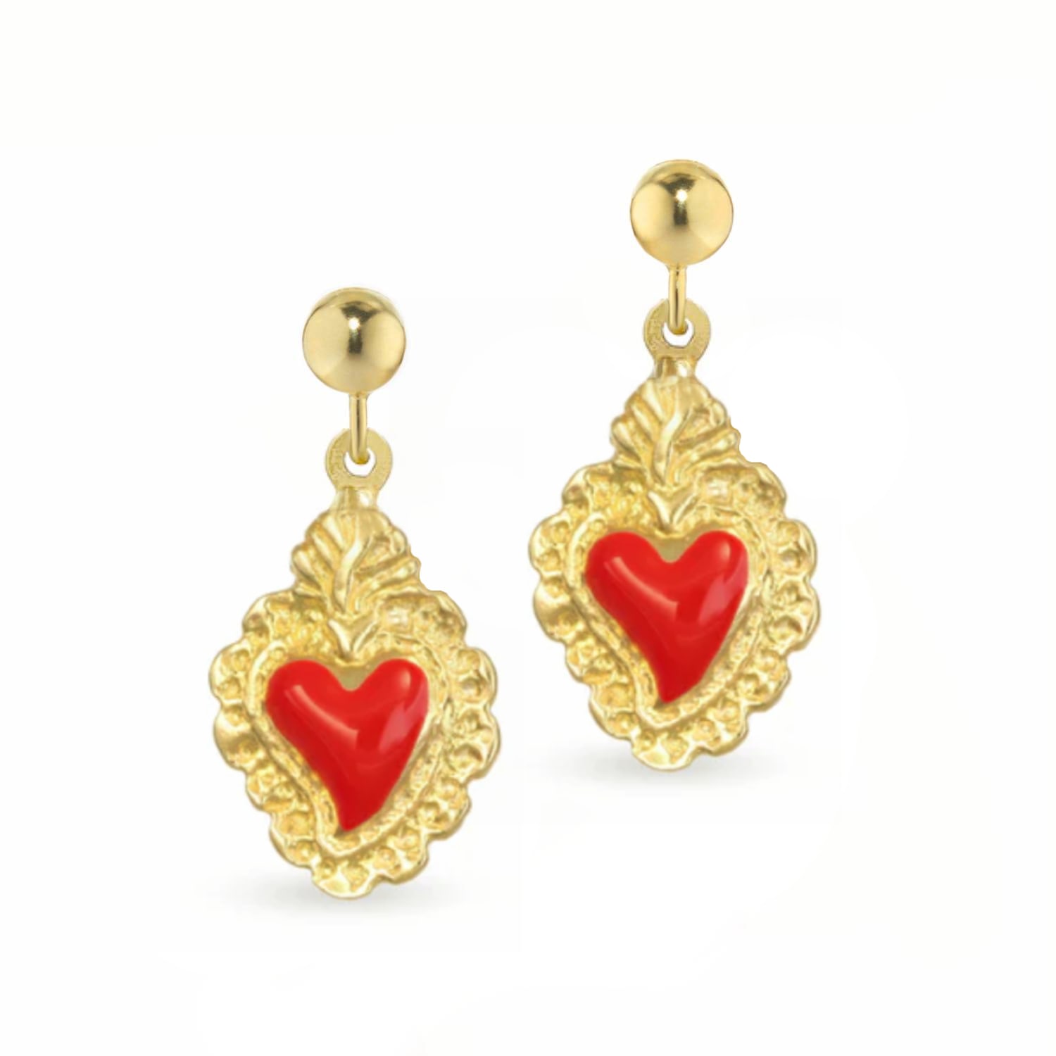 Unaloe Women's Gold / Red Silver Earrings With A Sacred Heart Pendant In Red Enamel And Gold Plated