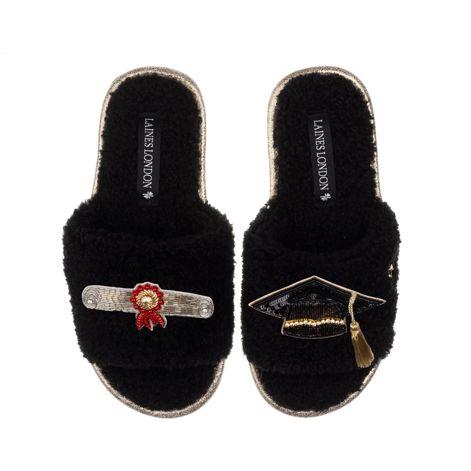 Laines London Women's Teddy Toweling Slipper Sliders With Graduation Brooches - Black In Black