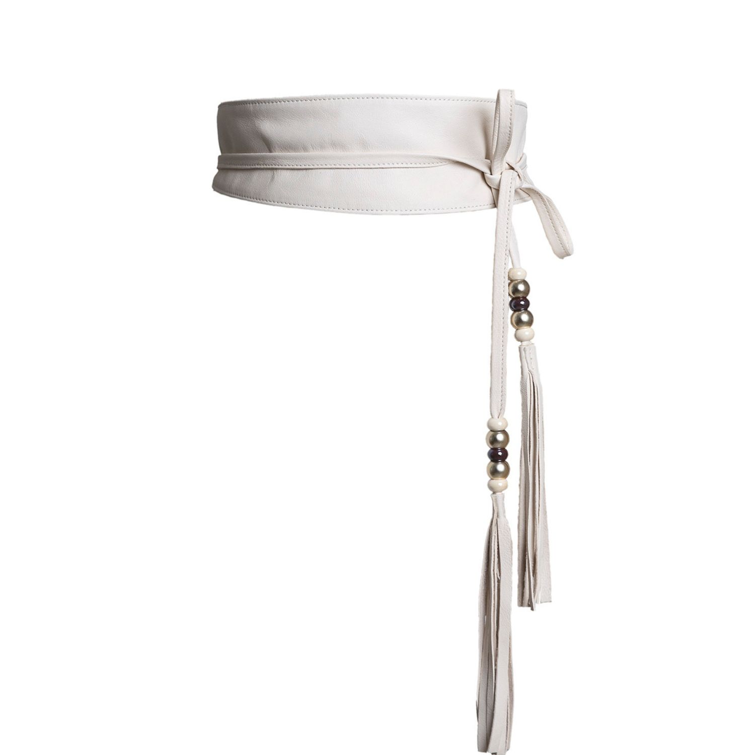 Off White Leather Obi Belt With Long Tassels | JUAN-JO