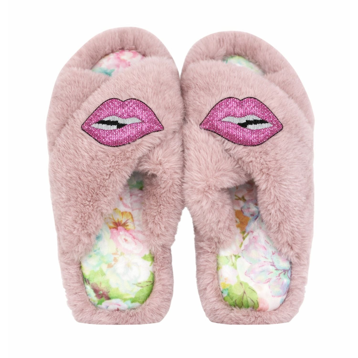Women's Eco Faux Fur Slippers – Recycled Faux Fur + Hand Beaded Lips Removable Brooches + Silk Insoles - Pink | Medium | Yomisma