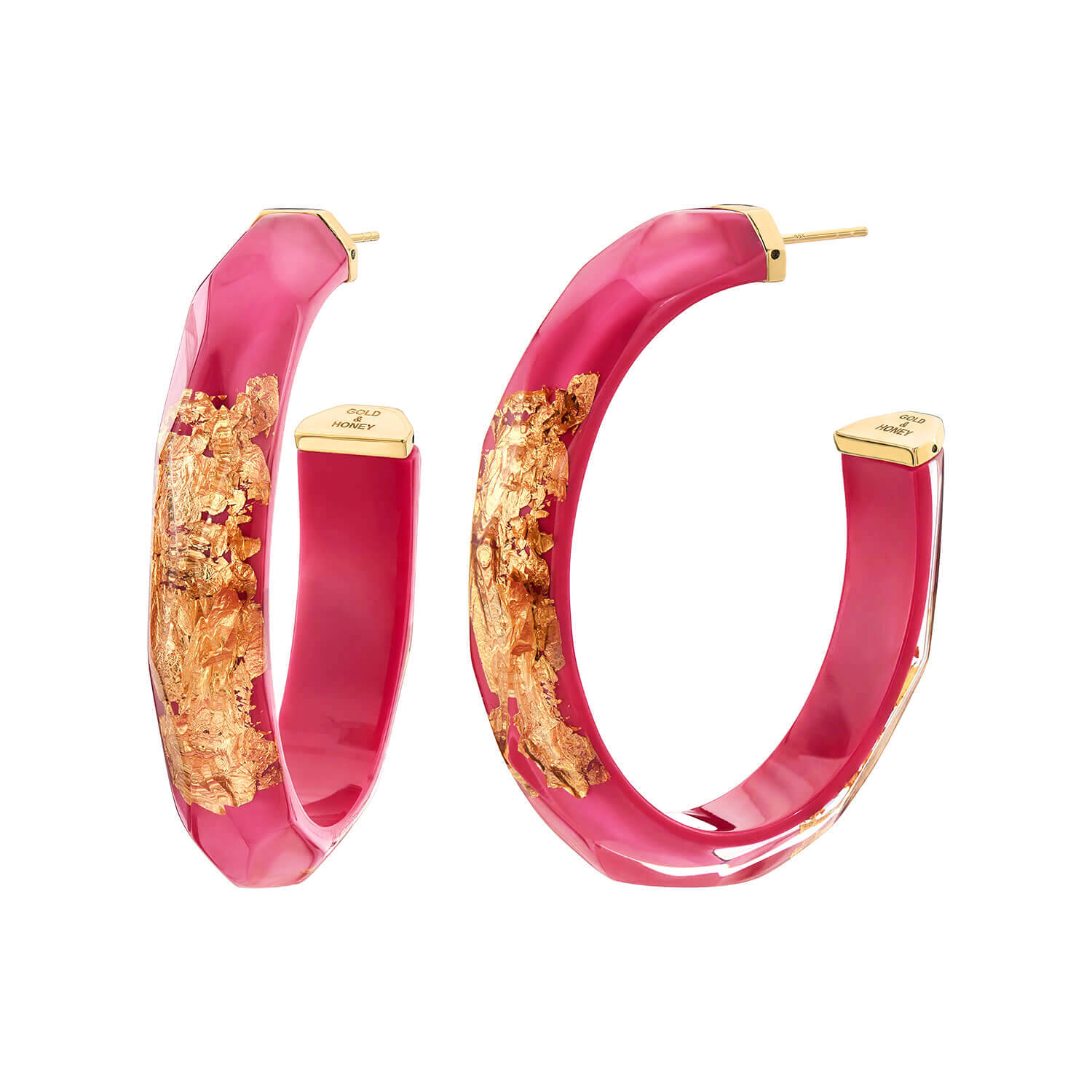 Gold & Honey Women's Gold / Pink / Purple Large Faceted 24k Gold Leaf Lucite Hoops In Pink