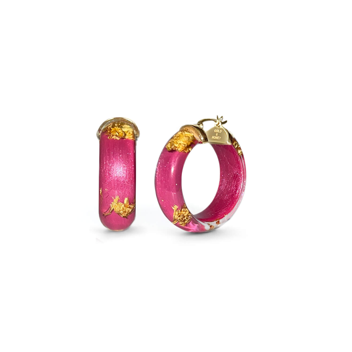 Gold & Honey Women's Pink / Purple / Gold Gold Leaf Huggie Hoop Earrings In Dahlia Pink