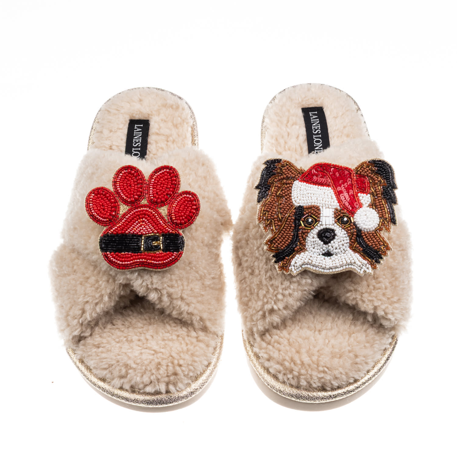 Laines London Women's Brown / Neutrals Laines Boucle Slippers With Christmas Papillon & Paw Brooches - Oatmeal In Brown