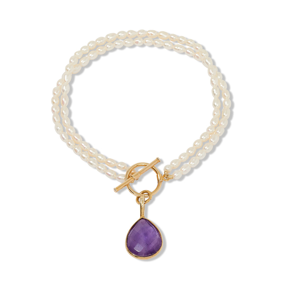 Women’s Pink / Purple / White Clara Double-Strand Cultured Freshwater Pearl Bracelet With Amethyst Drop Pendant Pearls of the Orient Online