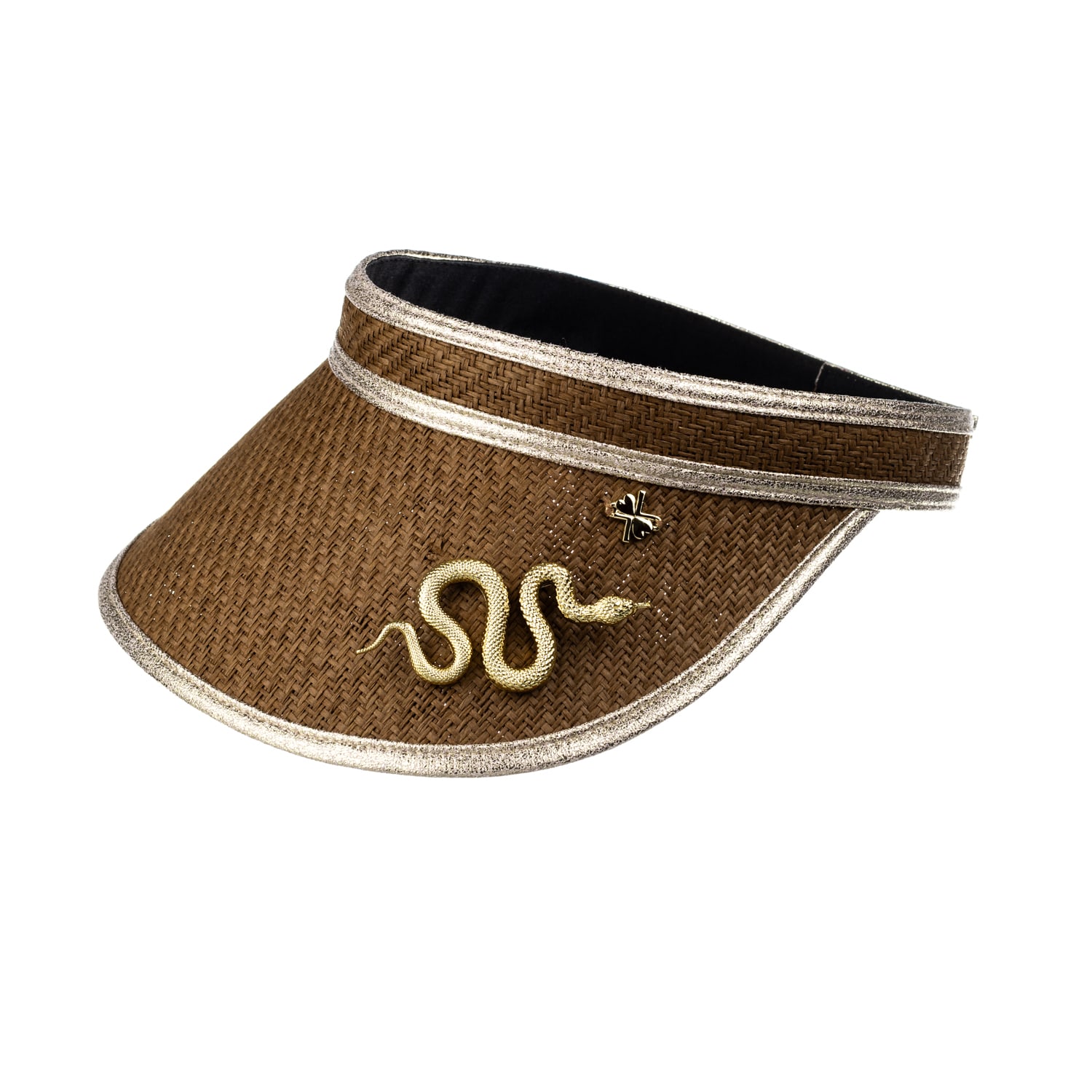 Women’s Brown Straw Woven Visor With Gold Metal Snake Brooch - Caramel One Size Laines London