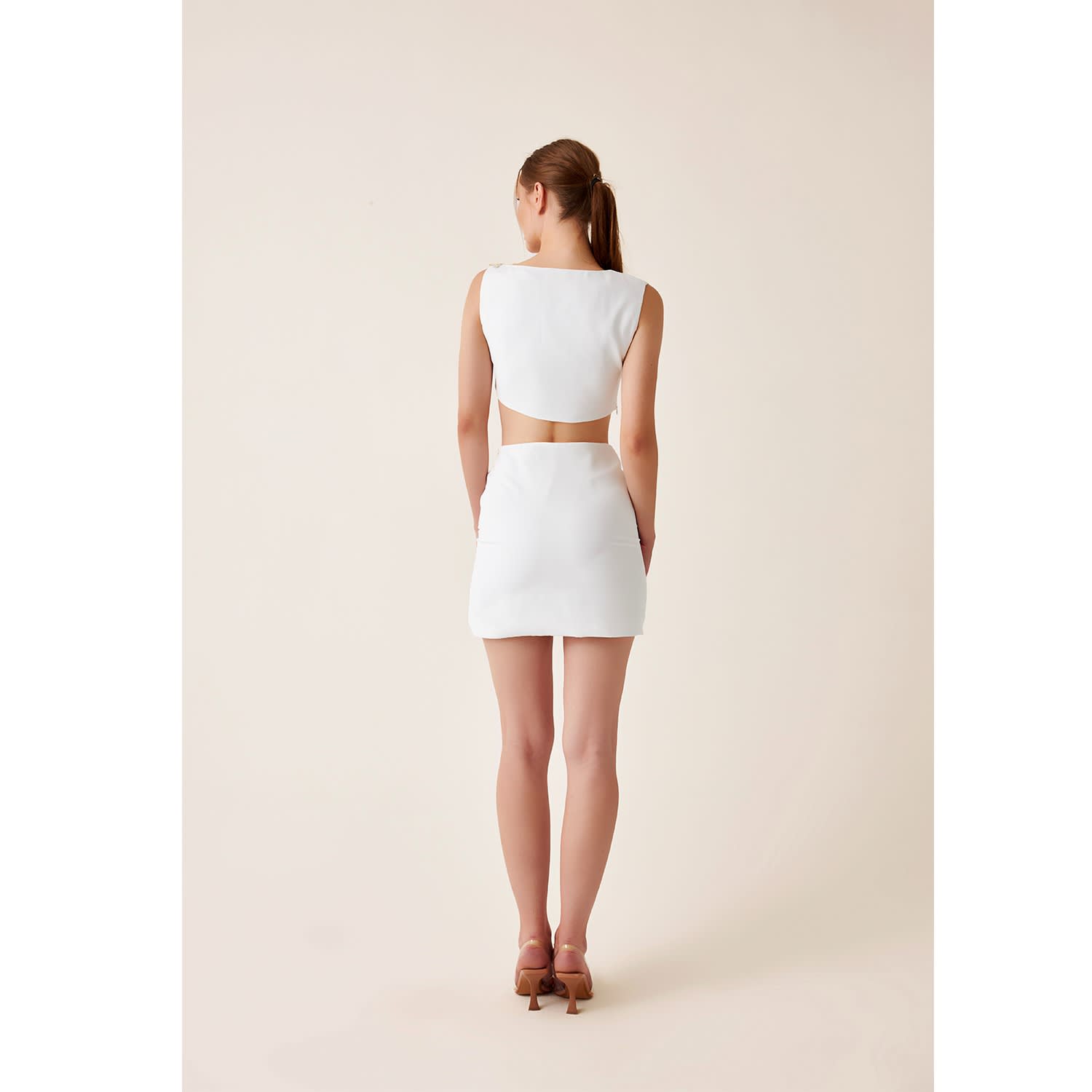 Ellie Ecru White Mini Dress With Cutouts & Embellishment