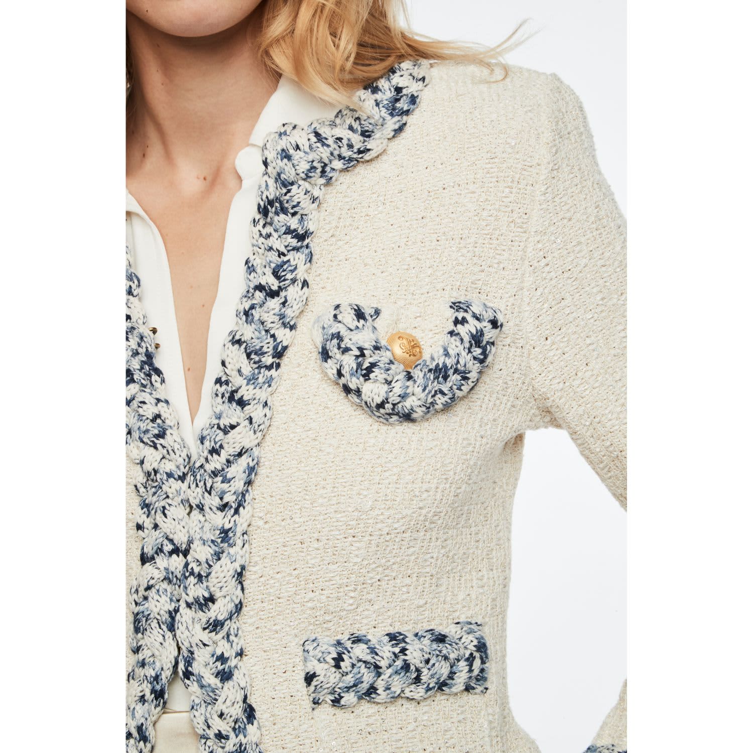 Ecru Tweed Cotton Blend Short Jacket With Patch Pockets And Light Blue  Details Sky by The Extreme Collection