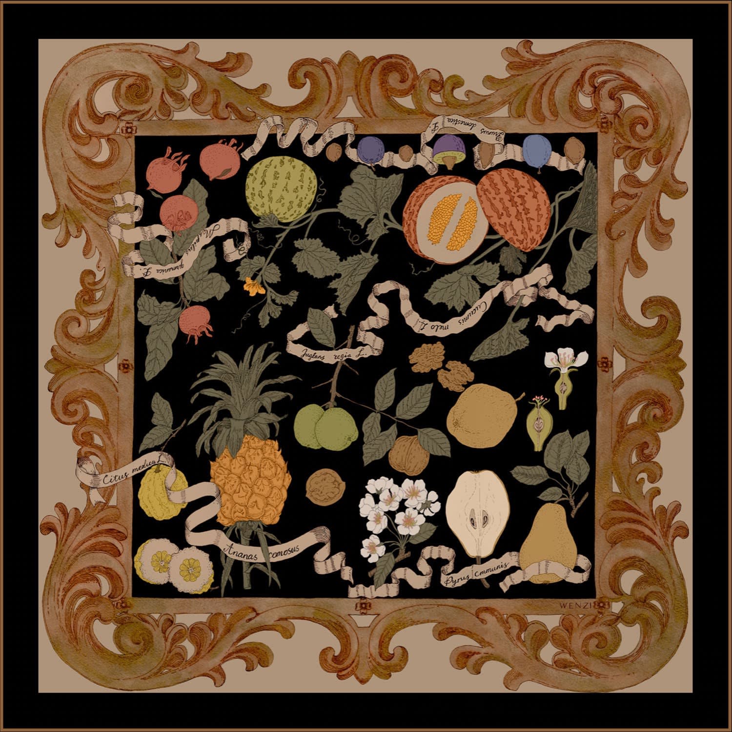 Wenzi Women's Brown / Gold / Neutrals  Fruitful Elegance Sand Hand Painted Pattern Double Sided Silk  In Multi