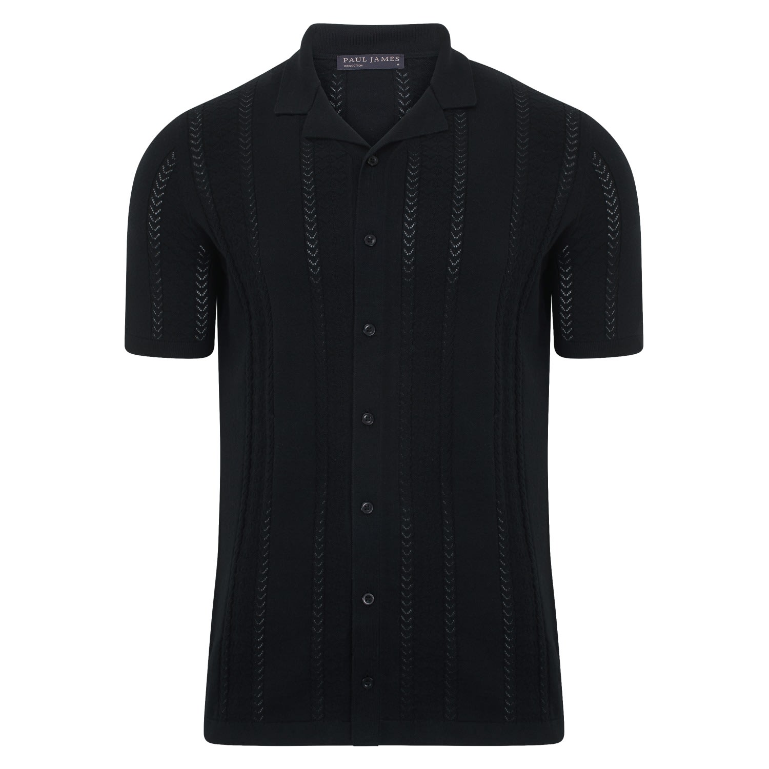 Paul James Knitwear Mens Ultra Fine Cotton Santiago Open Knit Cuban Collar Shirt - Black In Black
