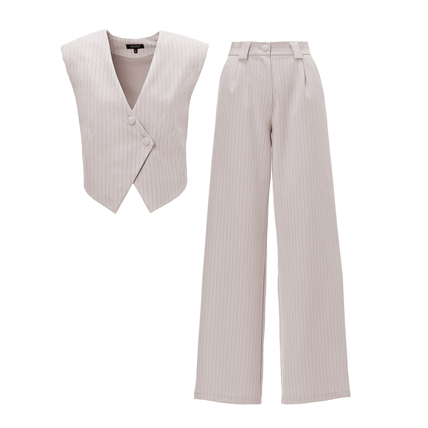 Neutrals Beige Pinstriped Suit With Asymmetrical Vest And Wide Leg Trousers Small Bluzat