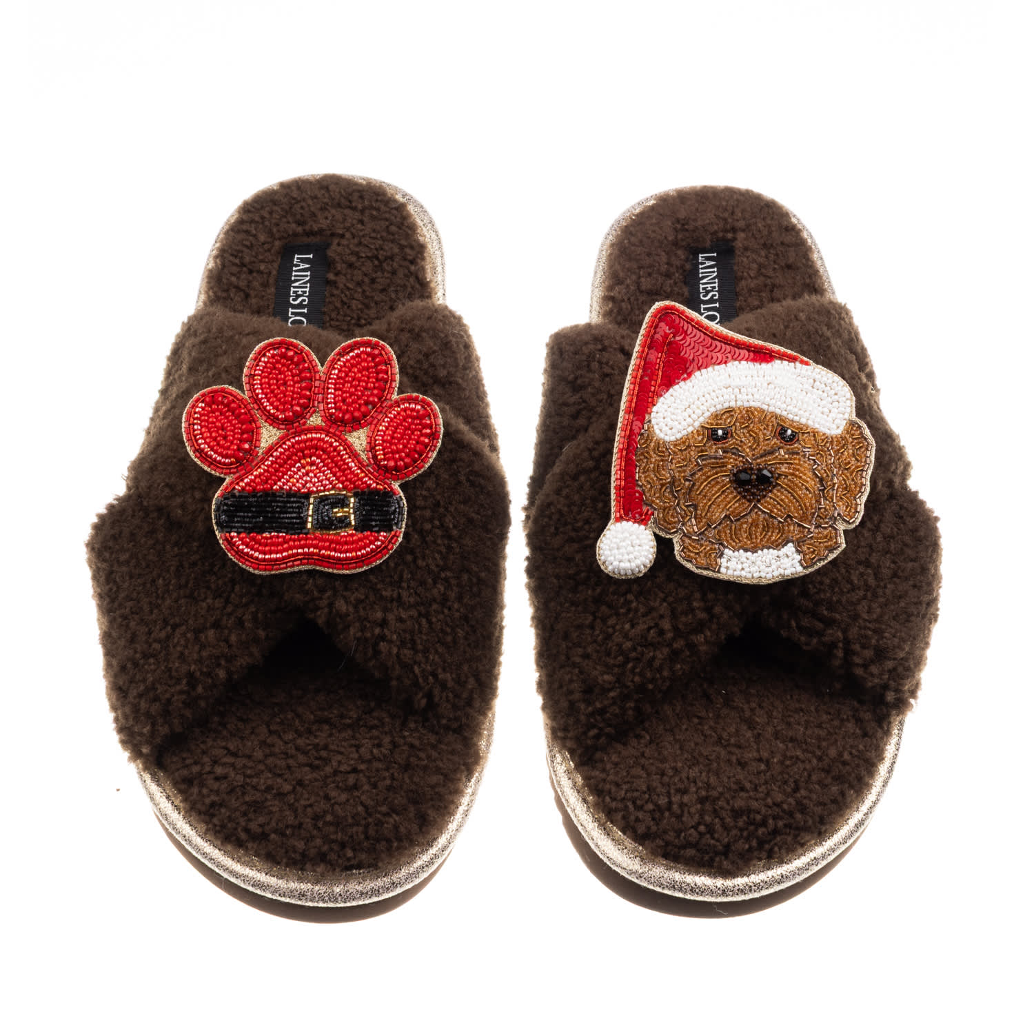 Laines London Women's Brown / Neutrals Laines Boucle Slippers With Christmas Brown Cockapoo & Paw Brooches - Choco In Brown