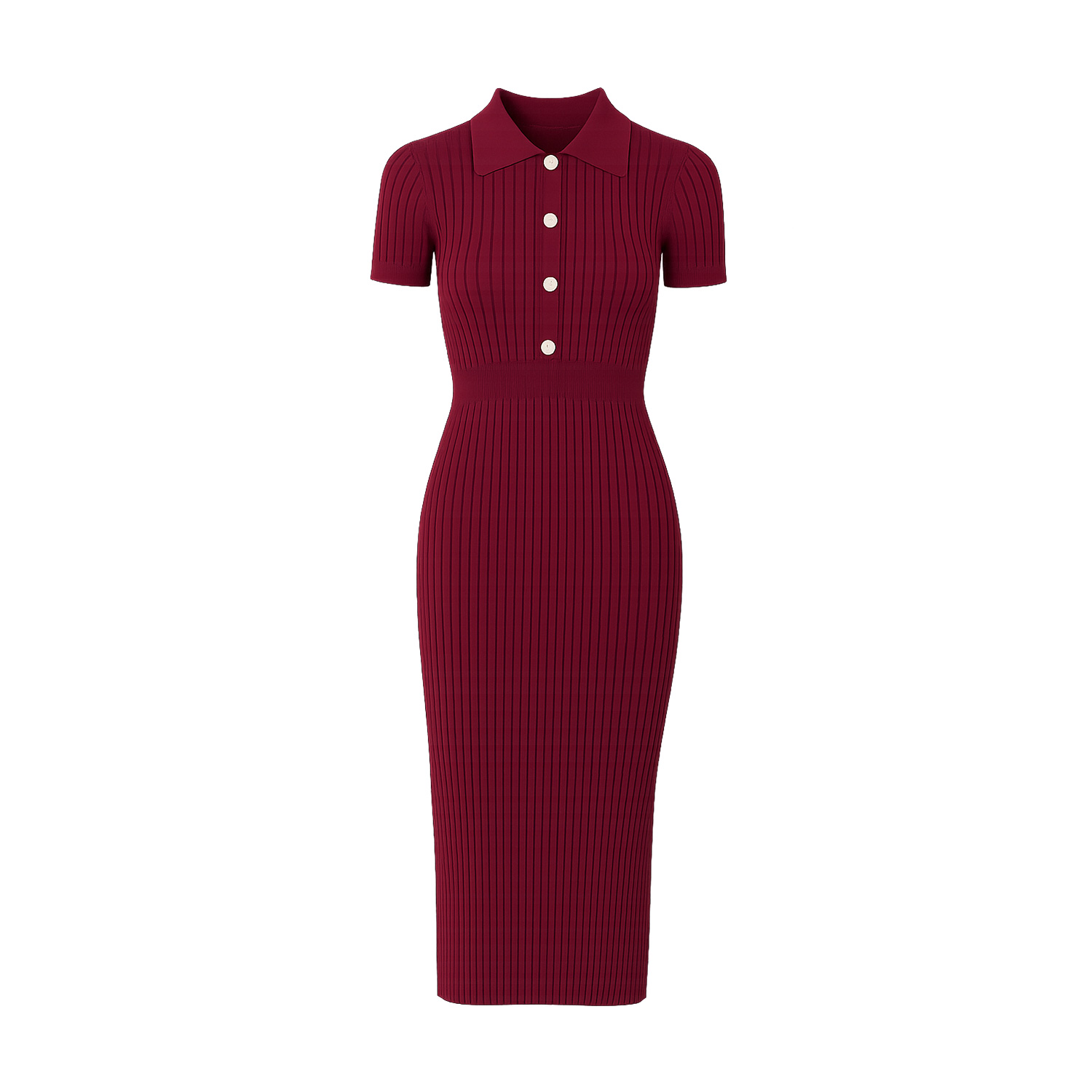 Yumi Women's Red  Burgundy Fitted Rib Knitted Midi Dress With Daisy Buttons In Red