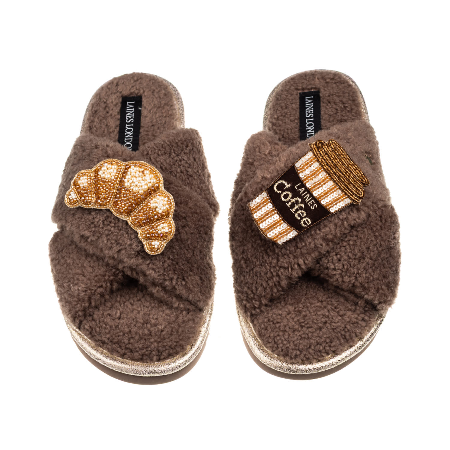 Laines London Women's Brown / Neutrals Laines Neutral Boucle Slippers With Coffee & Croissant Brooches - Mink