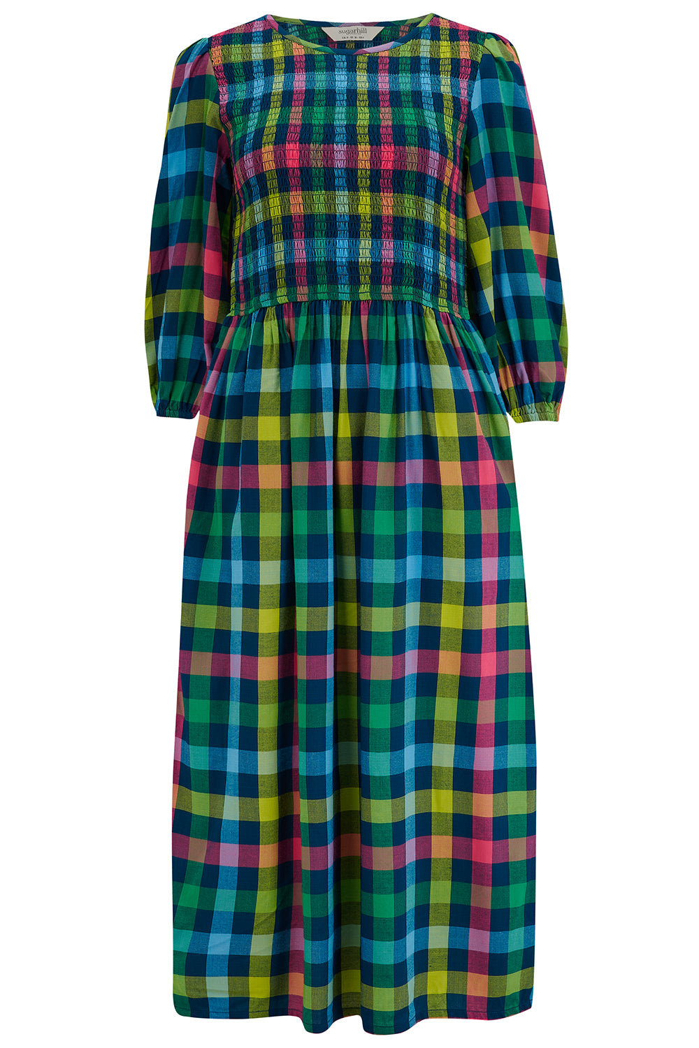 Sugarhill Brighton Women's Ursula Shirred Midi Dress Multi, Midnight Gingham In Blue/green/pink