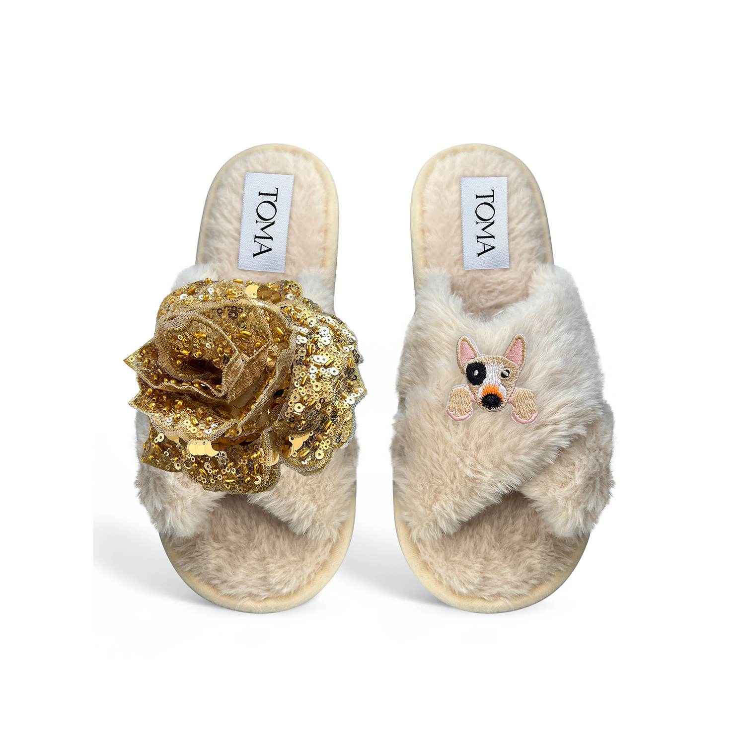Toma Women's Neutrals Classic  Open Toe Gold Sequin Flower And Dog Three Beige Slippers In Neutral